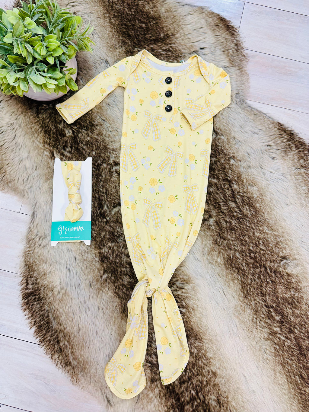 Girl’s Yellow Floral Print Knotted Gown with Matching Headband