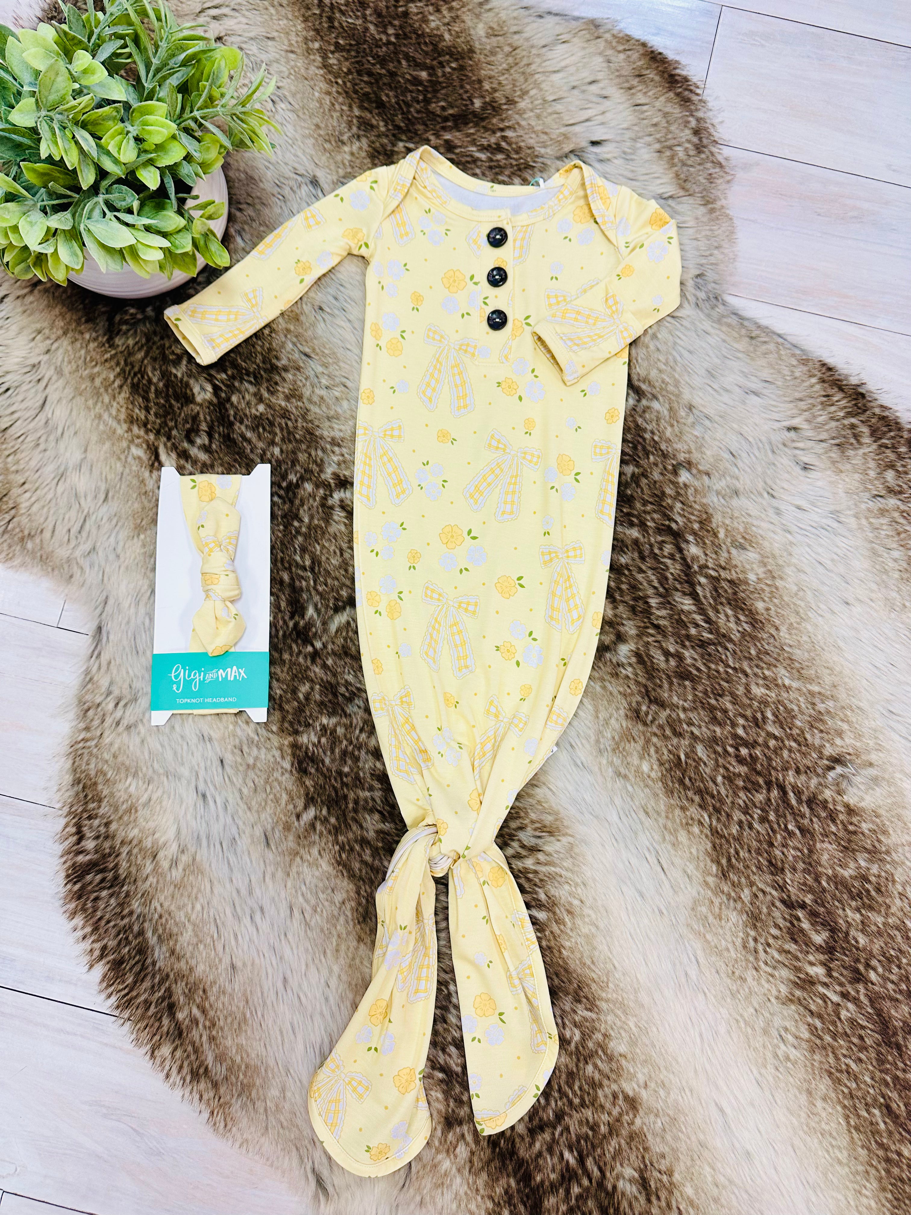 Girl’s Yellow Floral Print Knotted Gown with Matching Headband