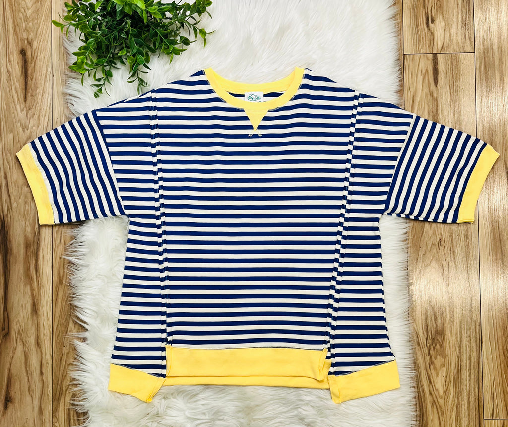 Women’s Very J Blue Stripe With Yellow Detail Top