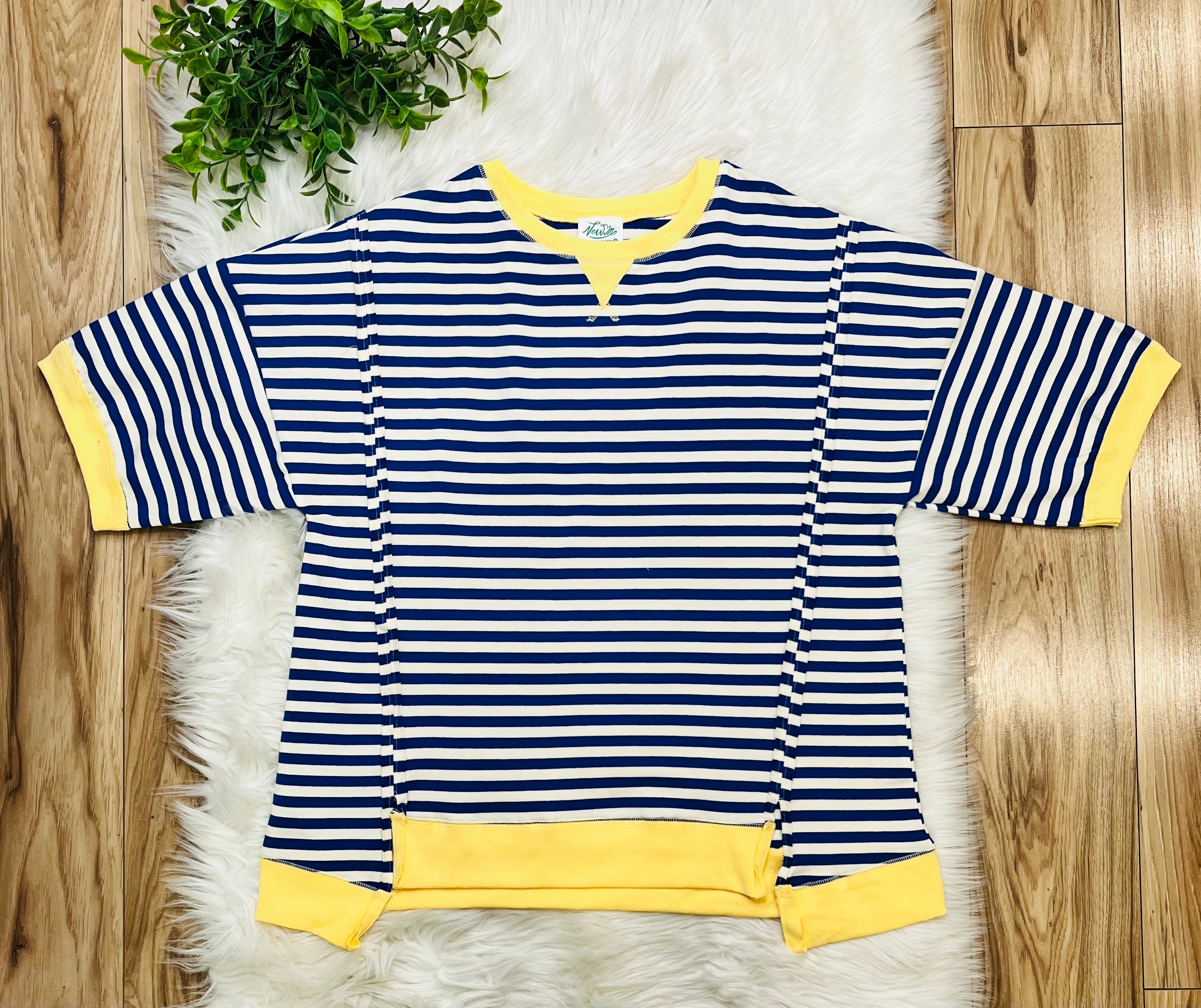 Women’s Very J Blue Stripe With Yellow Detail Top