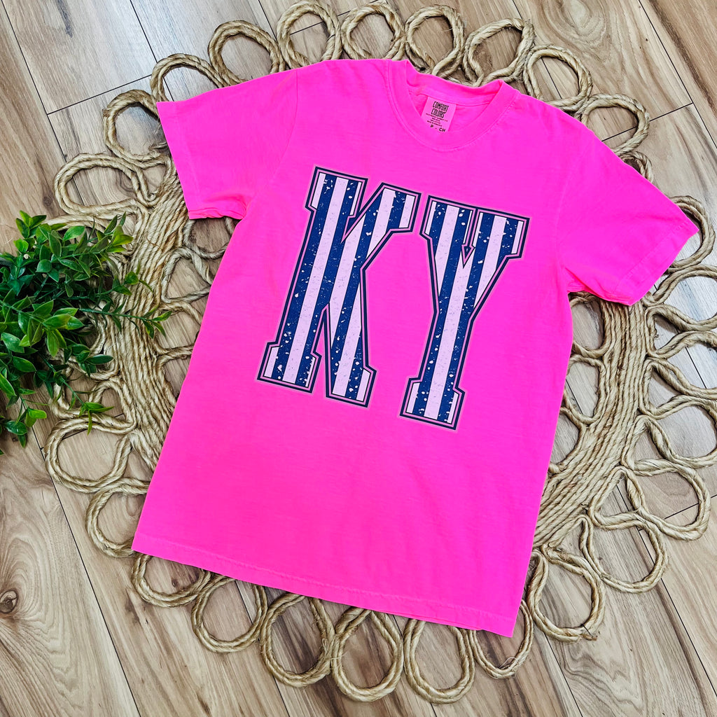 Women’s Hot Pink KY with Navy Stripes Graphic Tee