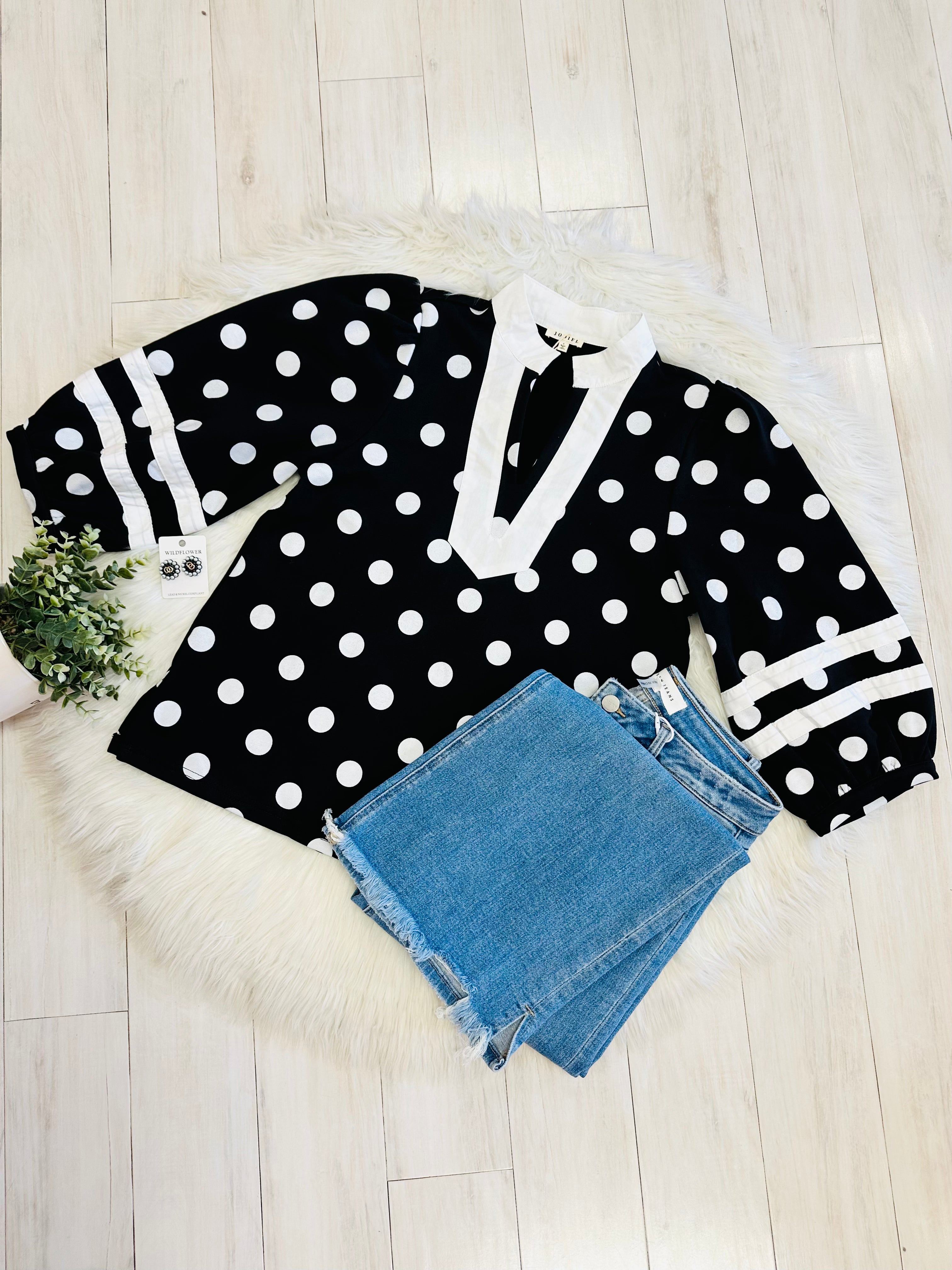 Women’s Black V Neck Top with White Polka Dots by Jodifl- True to Size