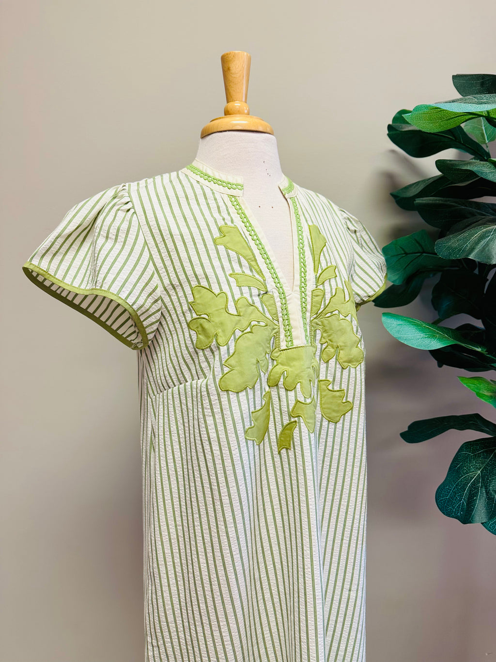 Women’s Umgee Sage Green Stripe V Neck Dress with Embroidered Detail- True to Size