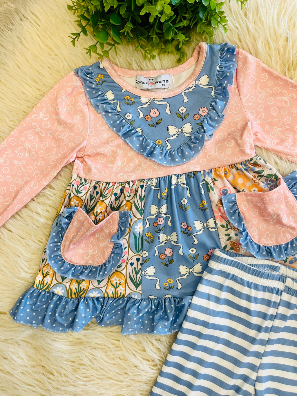 Girl’s Pink & Blue Floral Bow Outfit
