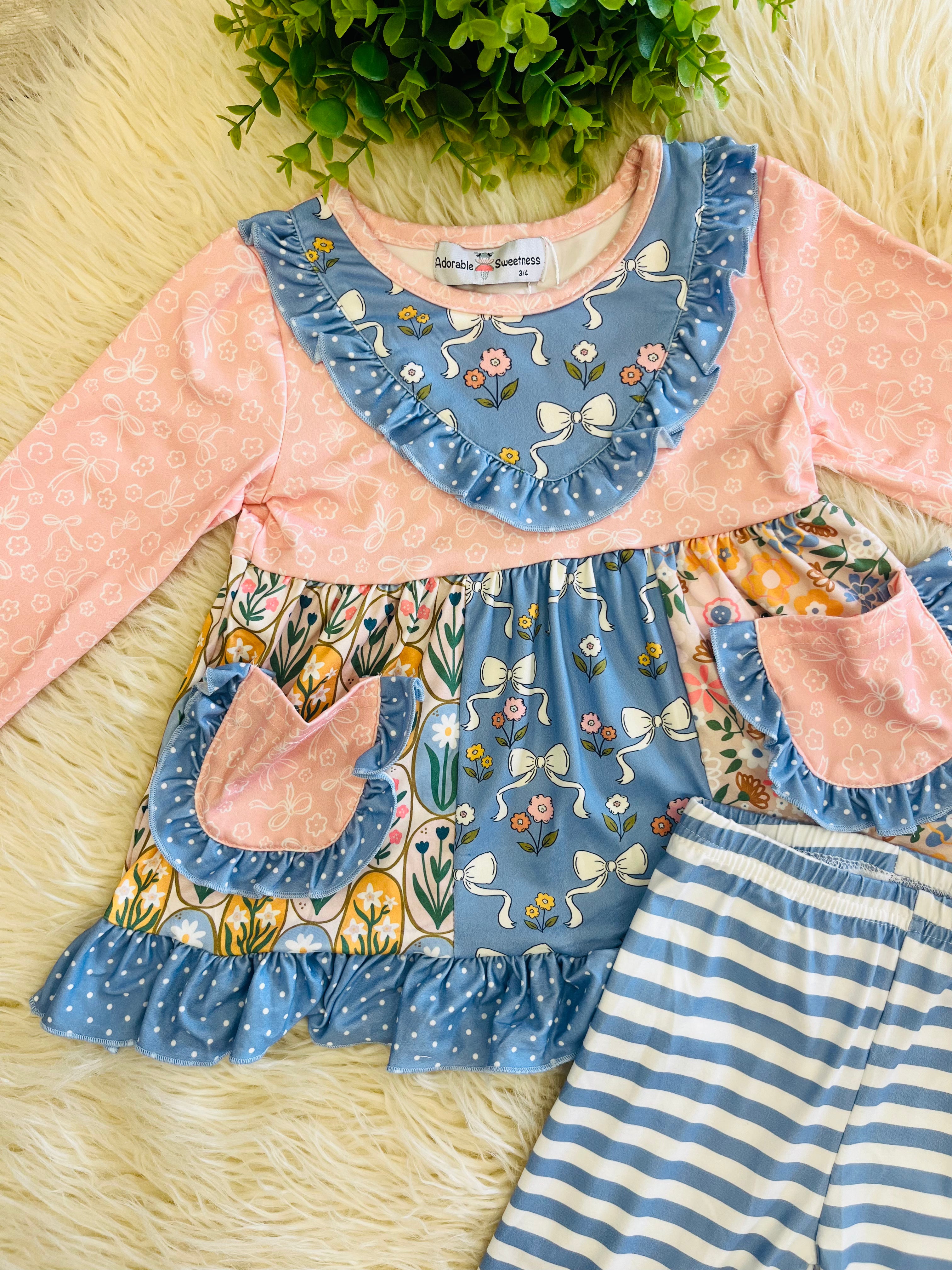 Girl’s Pink & Blue Floral Bow Outfit