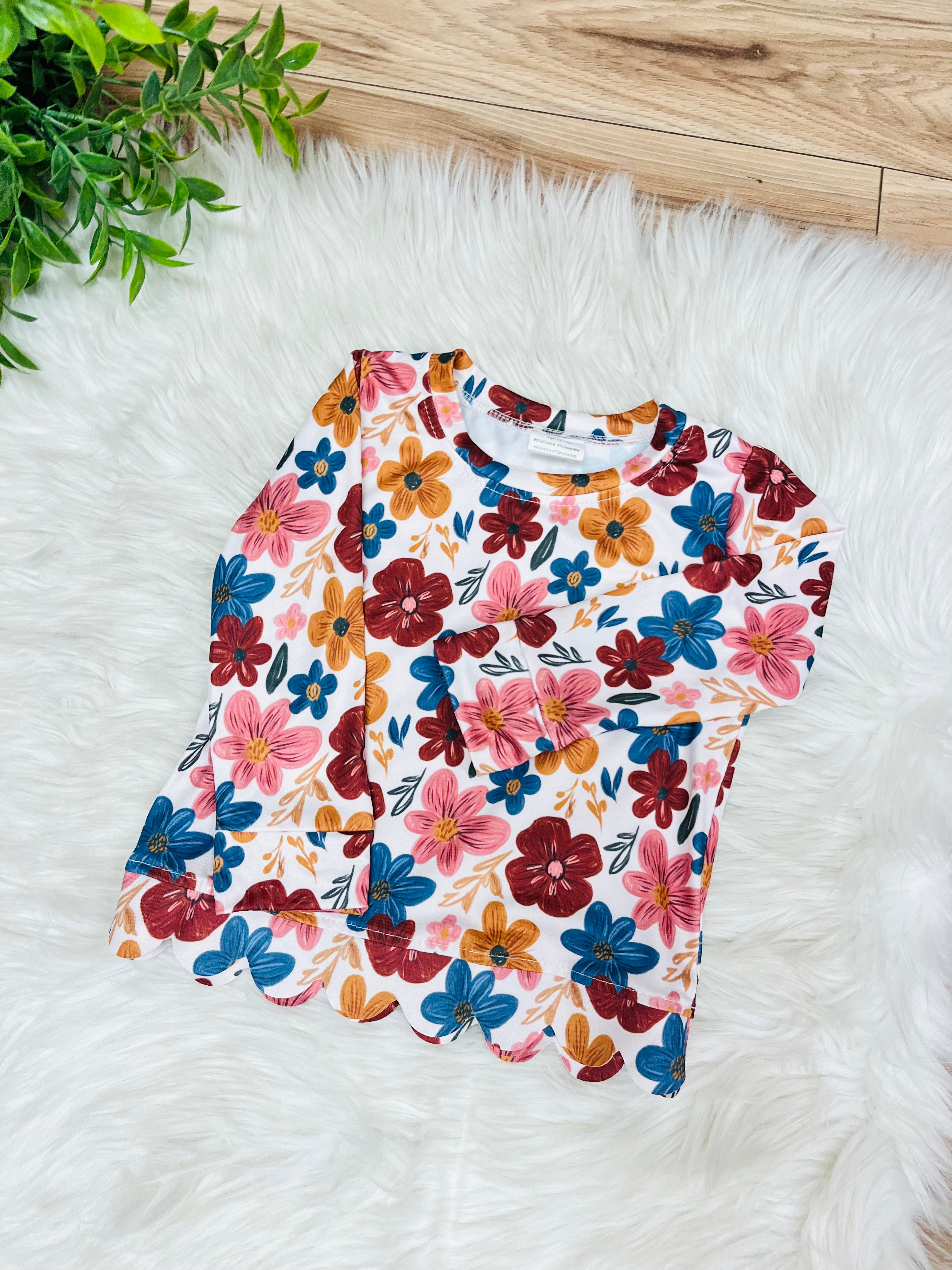 Girl’s Fall Floral Pant Outfit with Scalloped Trim