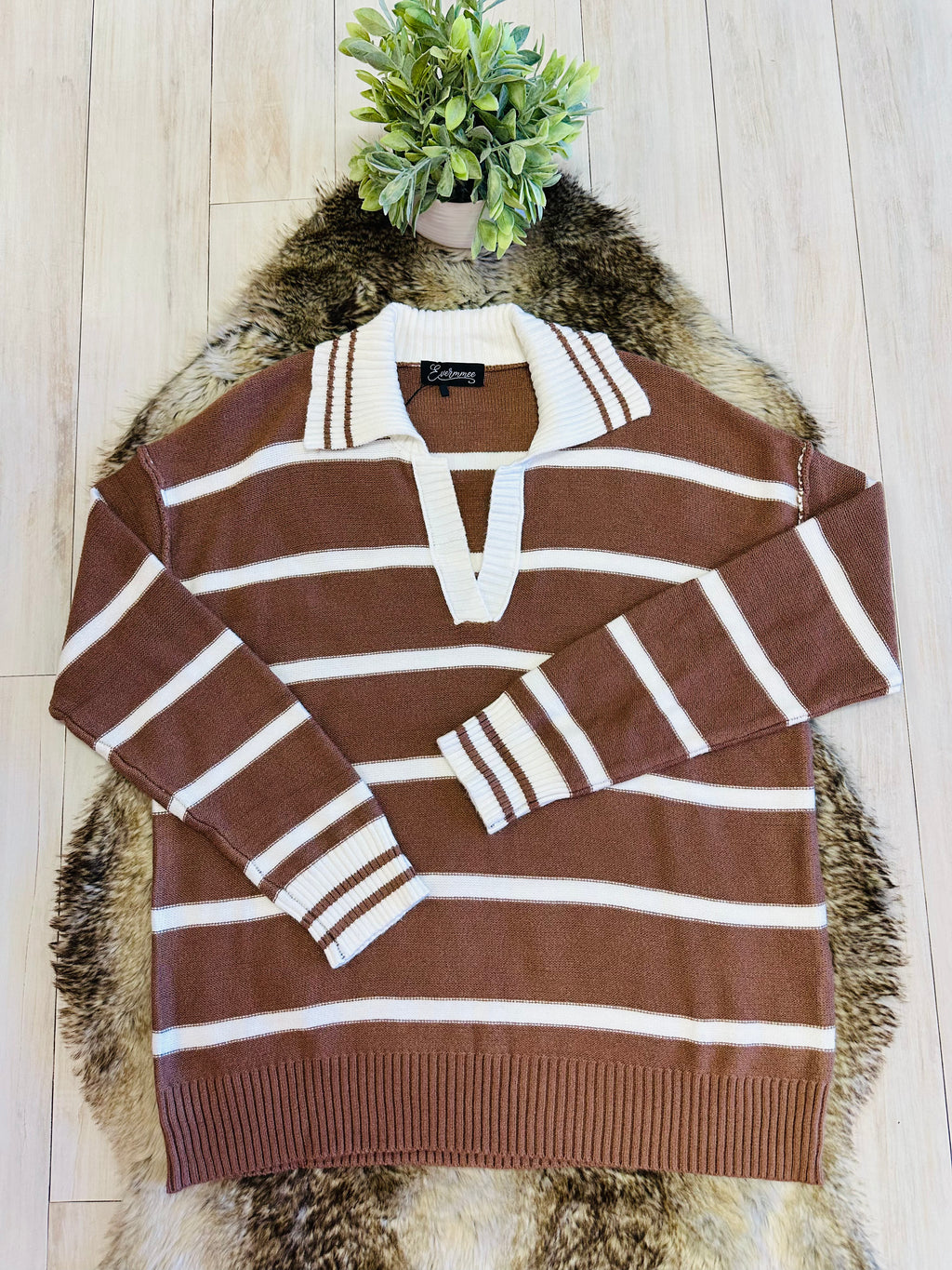 Women’s Evermmee Brown Collared Sweater Top with White Stripes- Loose Fit
