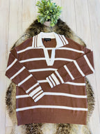 Women’s Evermmee Brown Collared Sweater Top with White Stripes- Loose Fit