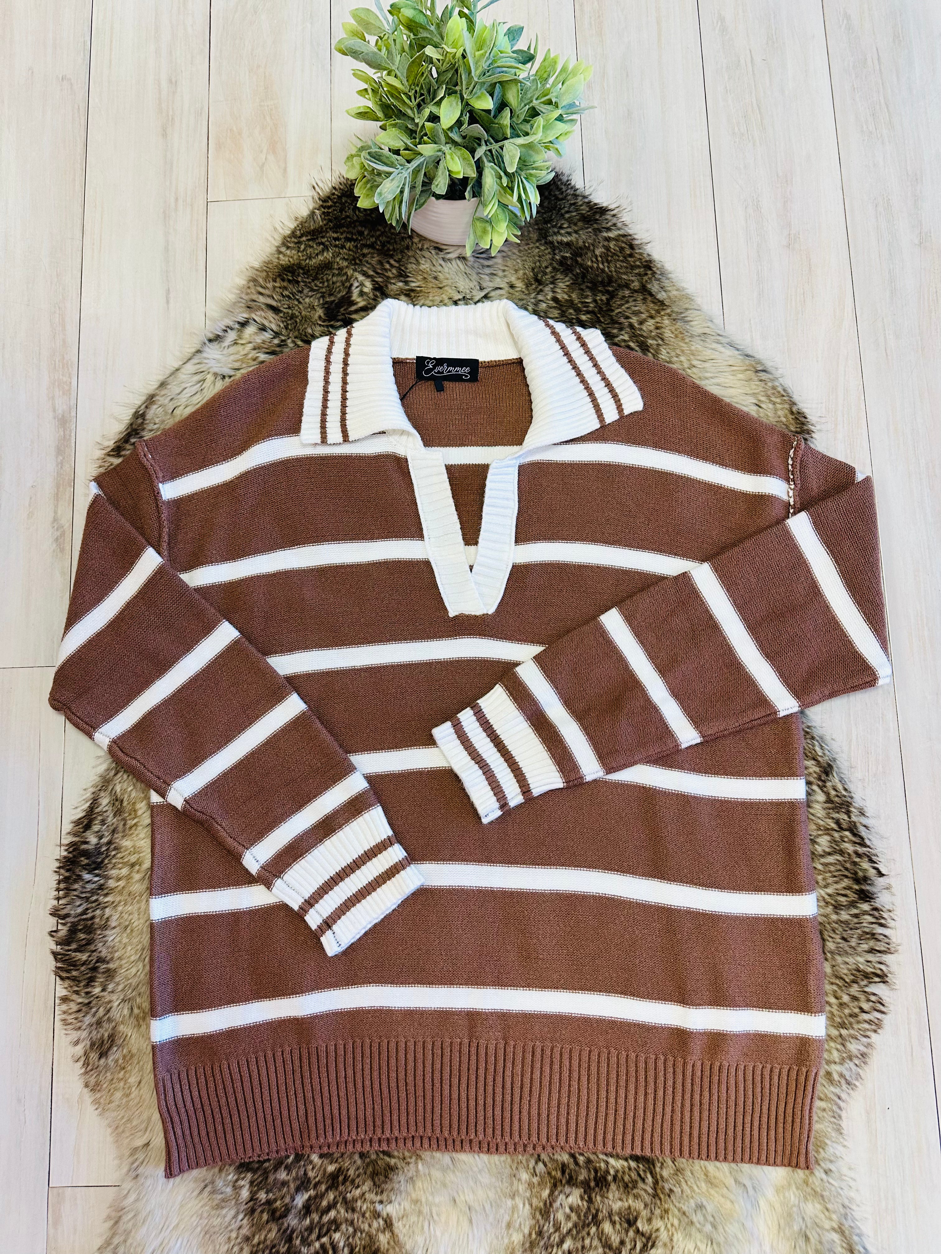 Women’s Evermmee Brown Collared Sweater Top with White Stripes- Loose Fit