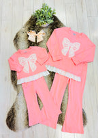 Girl’s Long Sleeve Pink Bow Outfit with Lace Detail