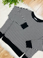 Women’s Black Stripe Exposed Seam Split Hem Top by Blu Pepper- Loose Fit