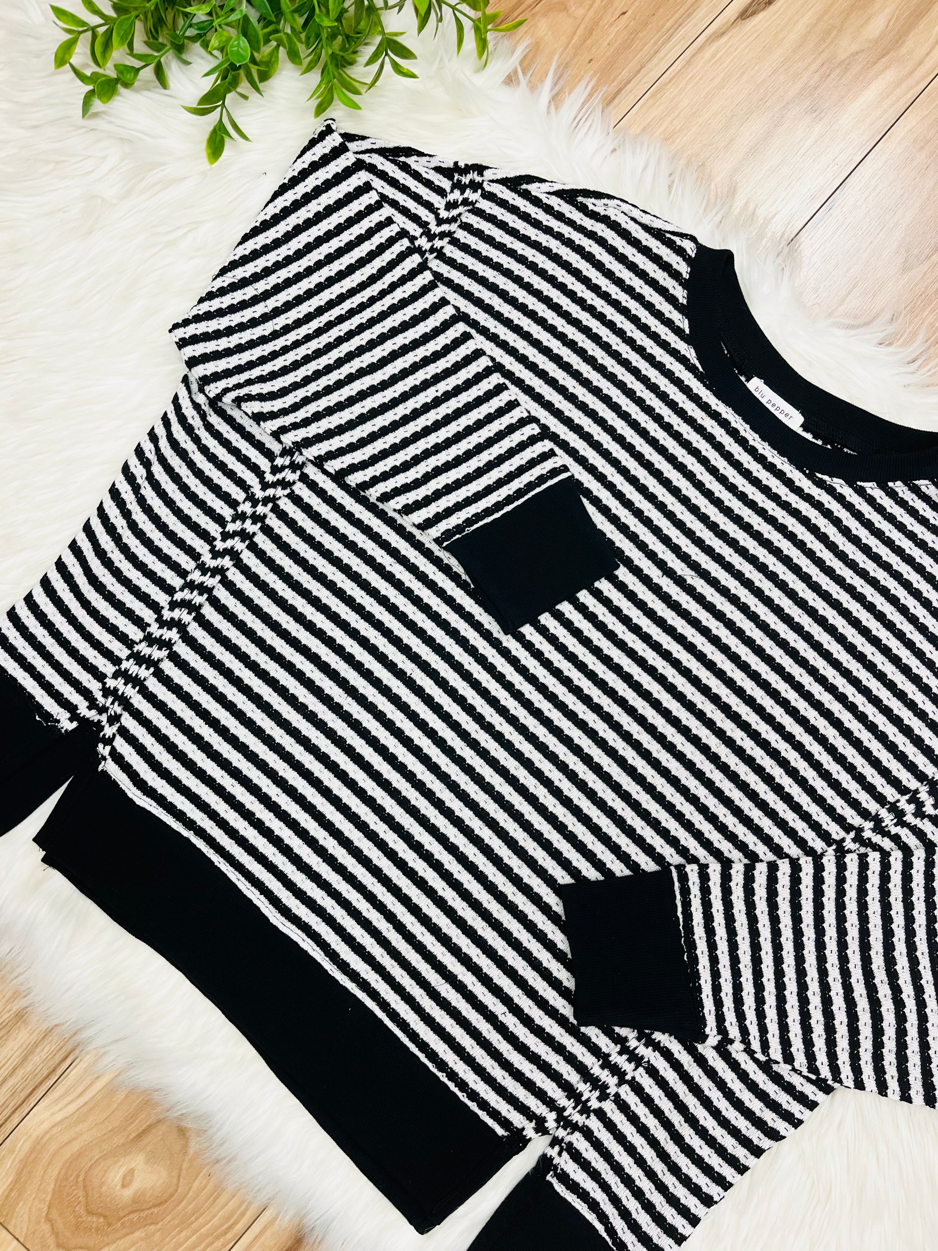 Women’s Black Stripe Exposed Seam Split Hem Top by Blu Pepper- Loose Fit
