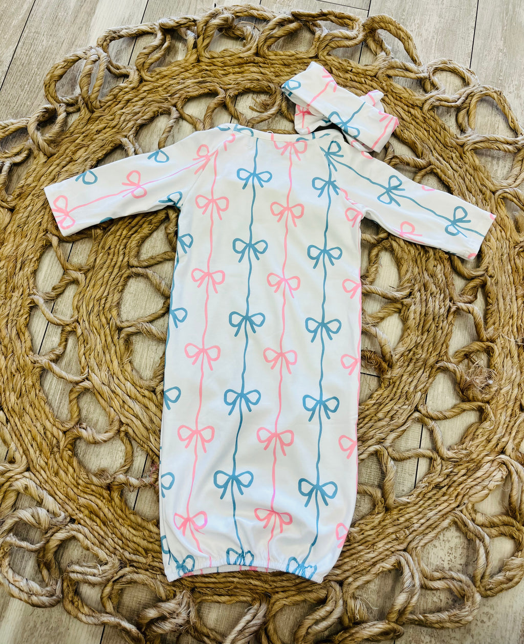 Girl’s Blue and Pink Bow Baby Gown with Matching Headband Bow