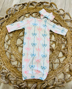 Girl’s Blue and Pink Bow Baby Gown with Matching Headband Bow