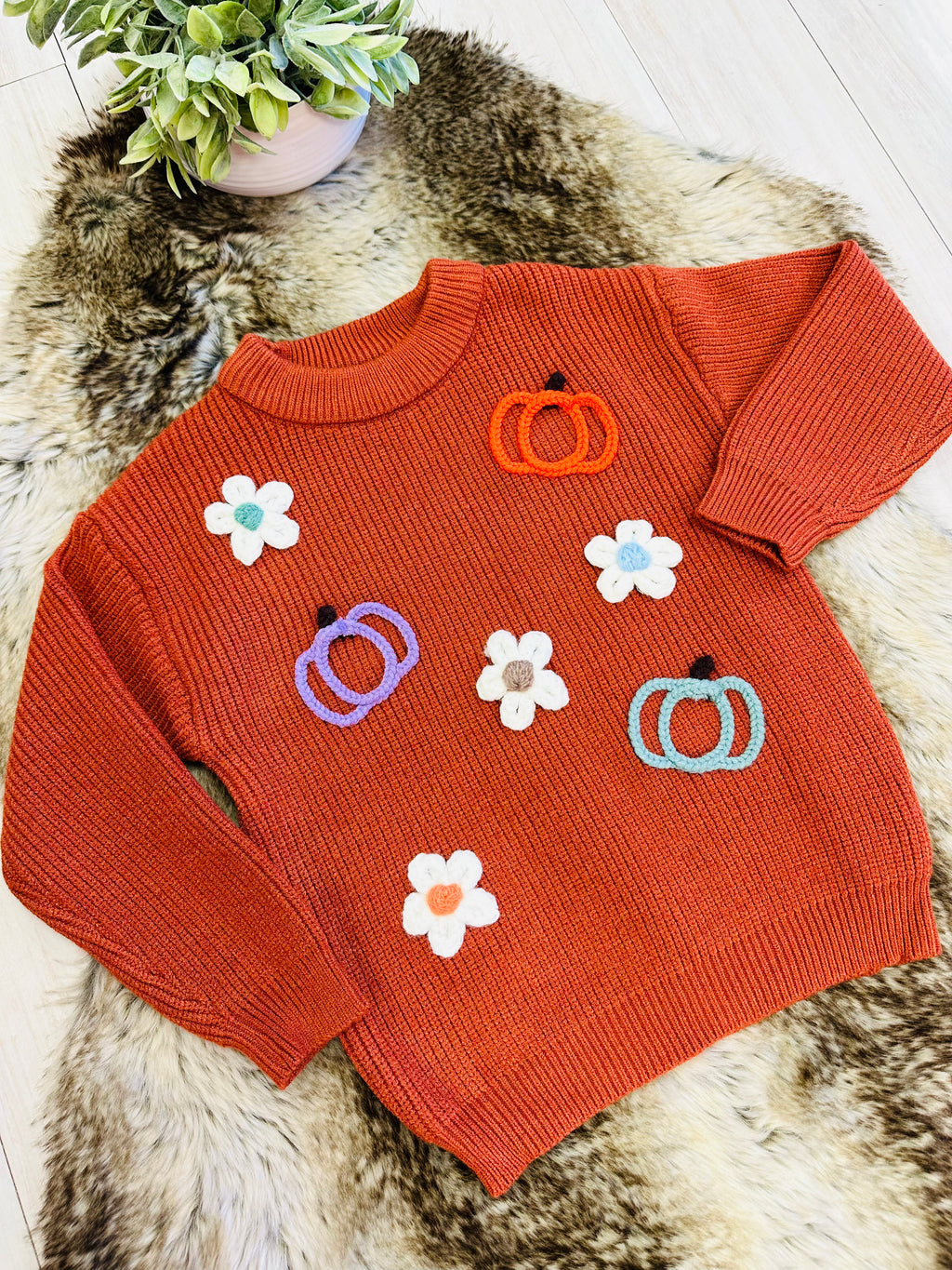 Girl’s Burnt Orange Fall Knit Sweater Top with Pumpkin and Flower Details