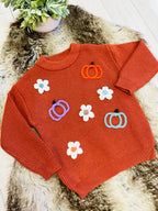 Girl’s Burnt Orange Fall Knit Sweater Top with Pumpkin and Flower Details