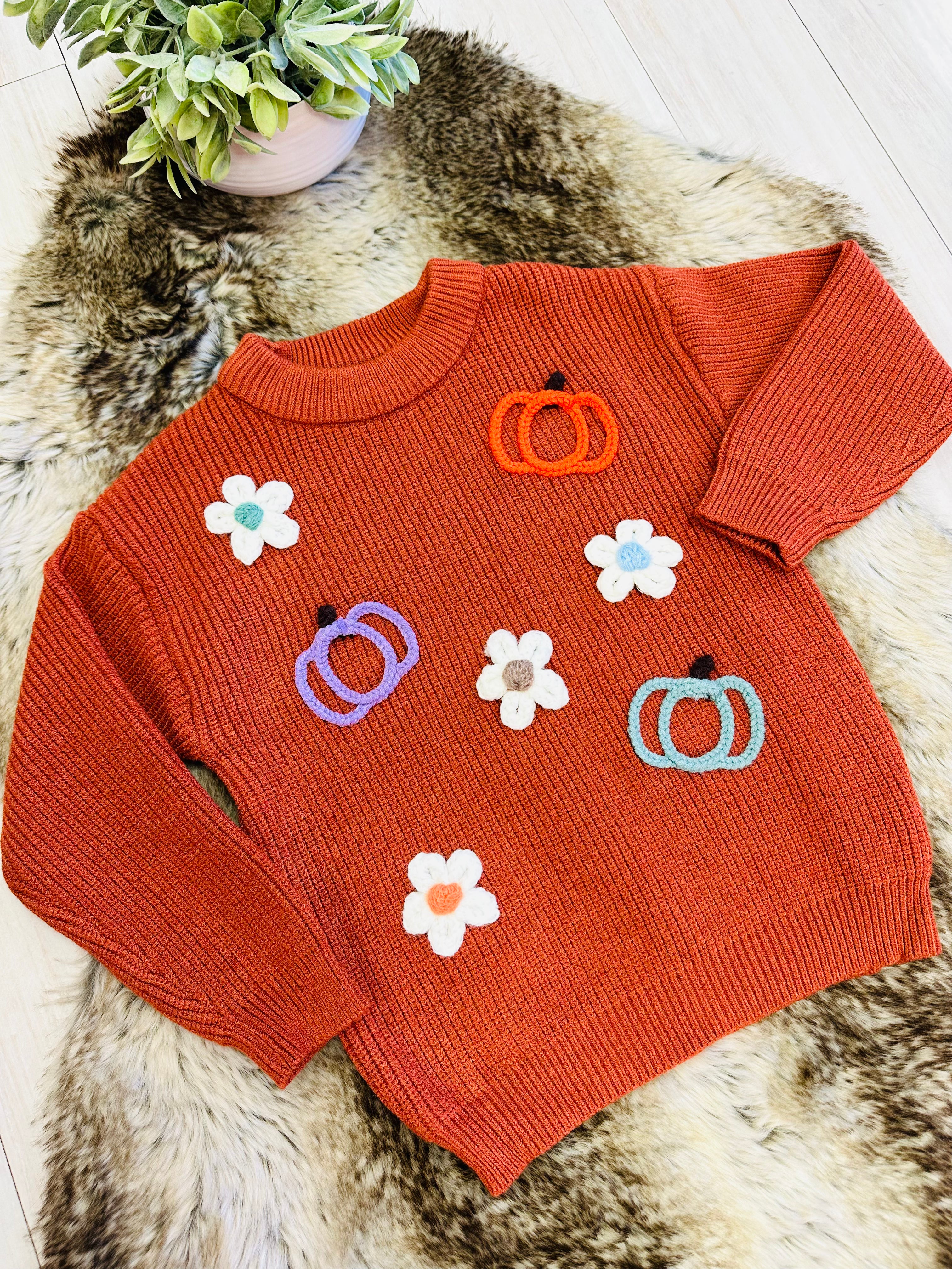 Girl’s Burnt Orange Fall Knit Sweater Top with Pumpkin and Flower Details