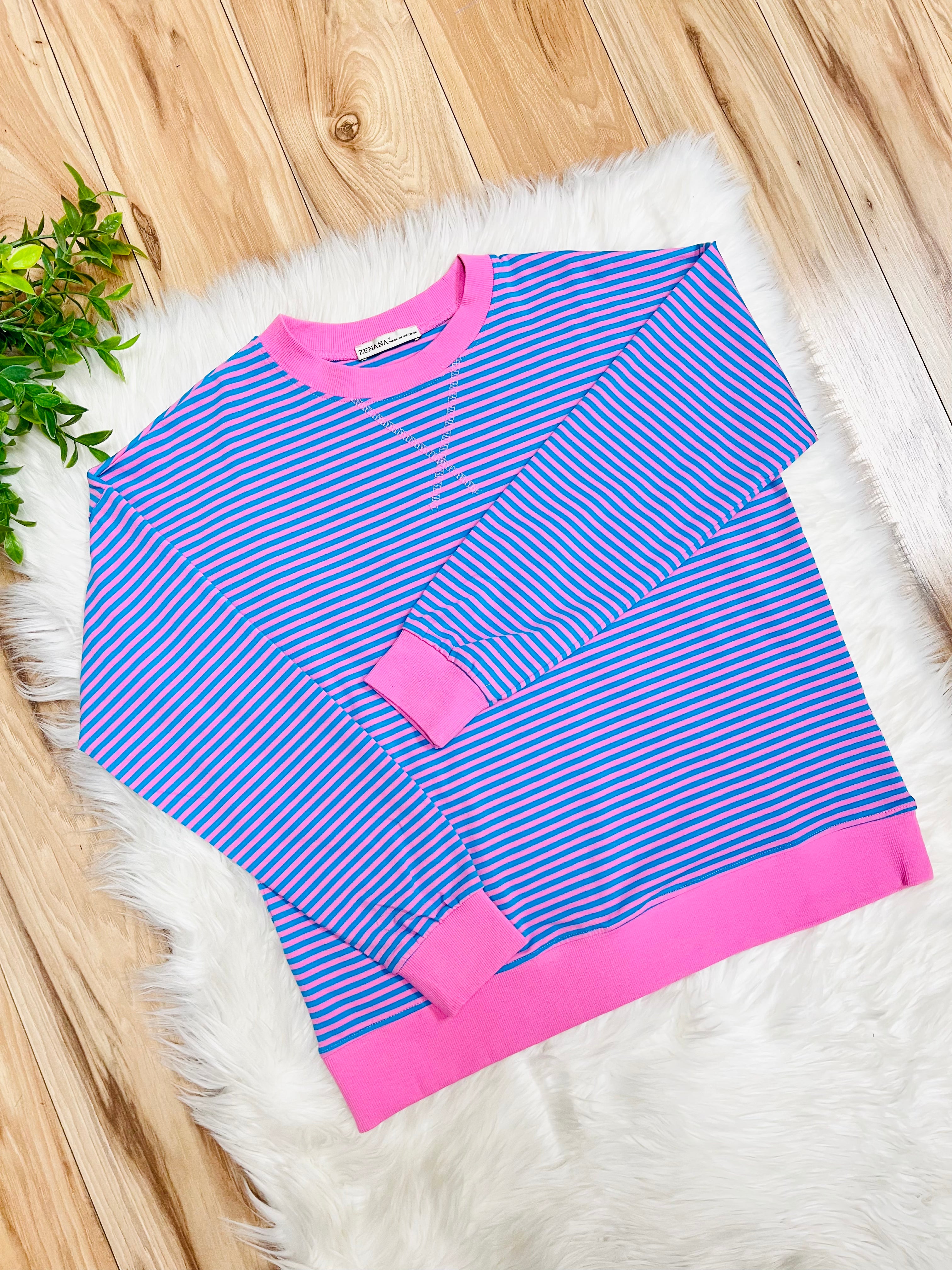 Women’s Zenana Aqua Blue and Pink Stripe Long Sleeve Top
