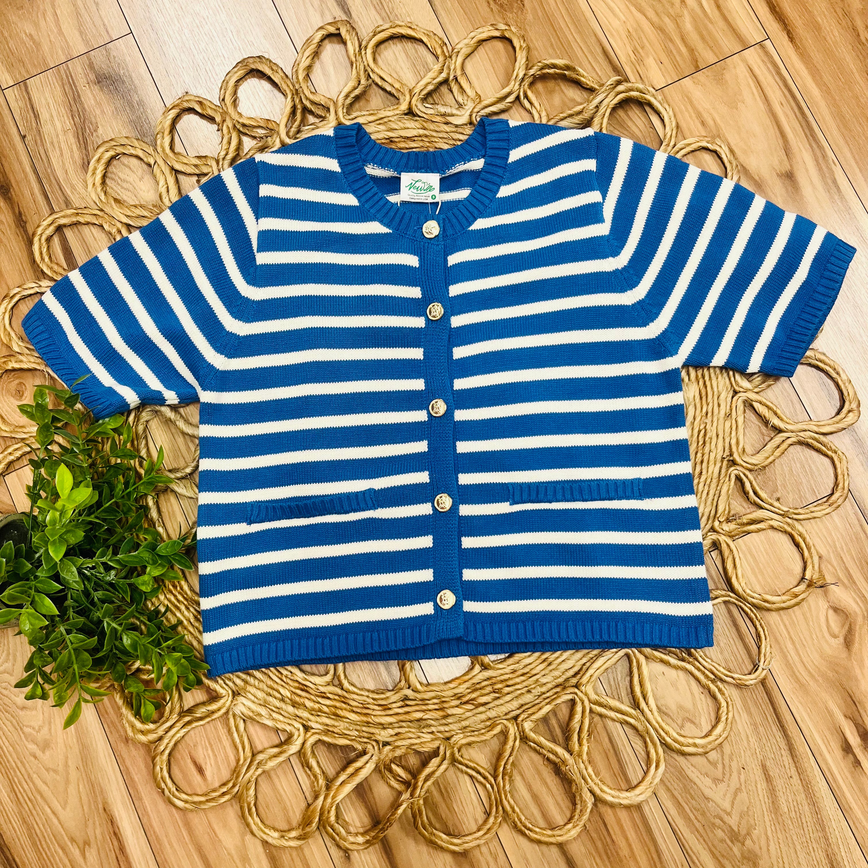 Women’s Very J Blue Stripe Button Down Sweater Top