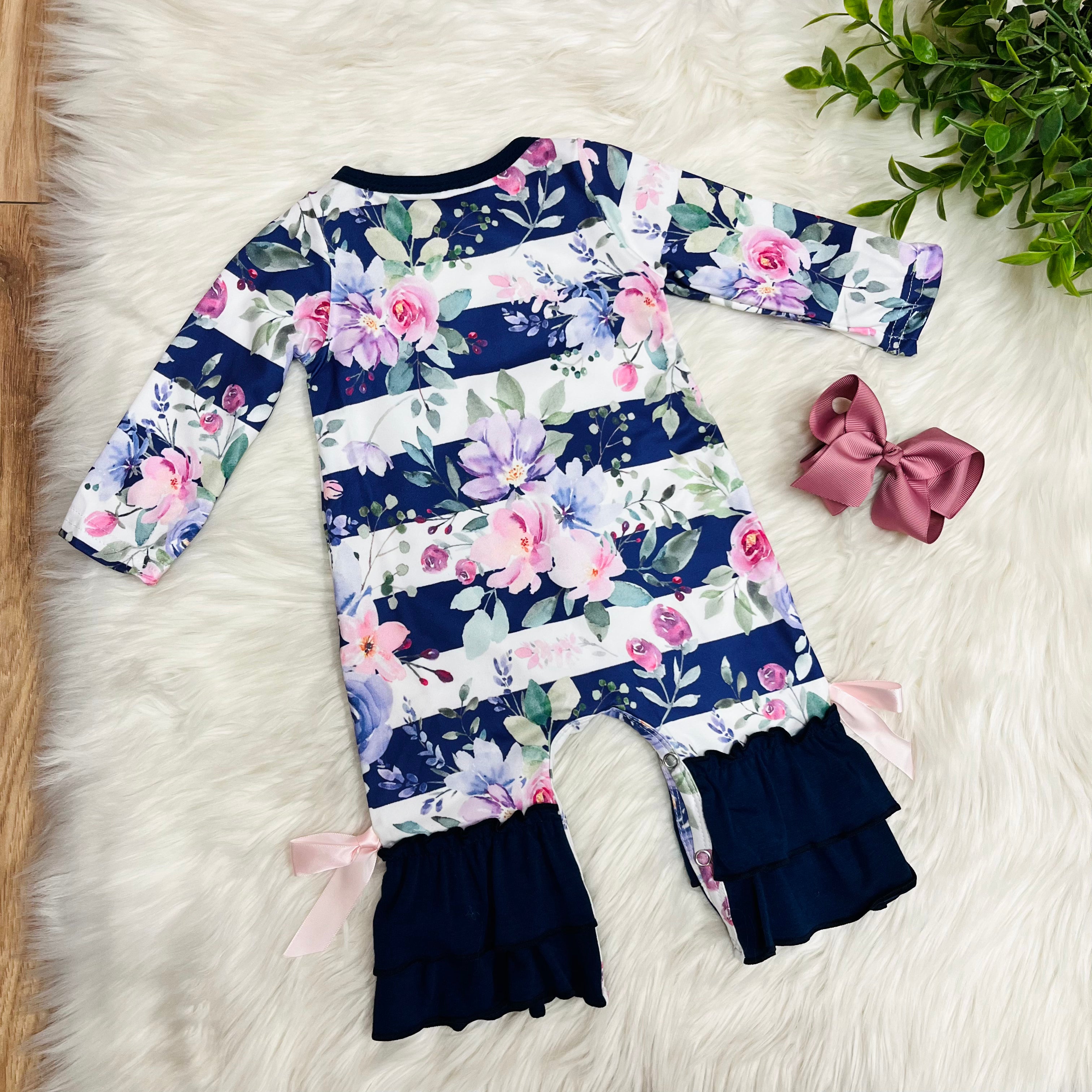 Girl’s Purple and Navy Floral Print Romper