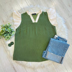 Women’s Evermmee Olive Green Ribbed Top with Flutter Sleeves