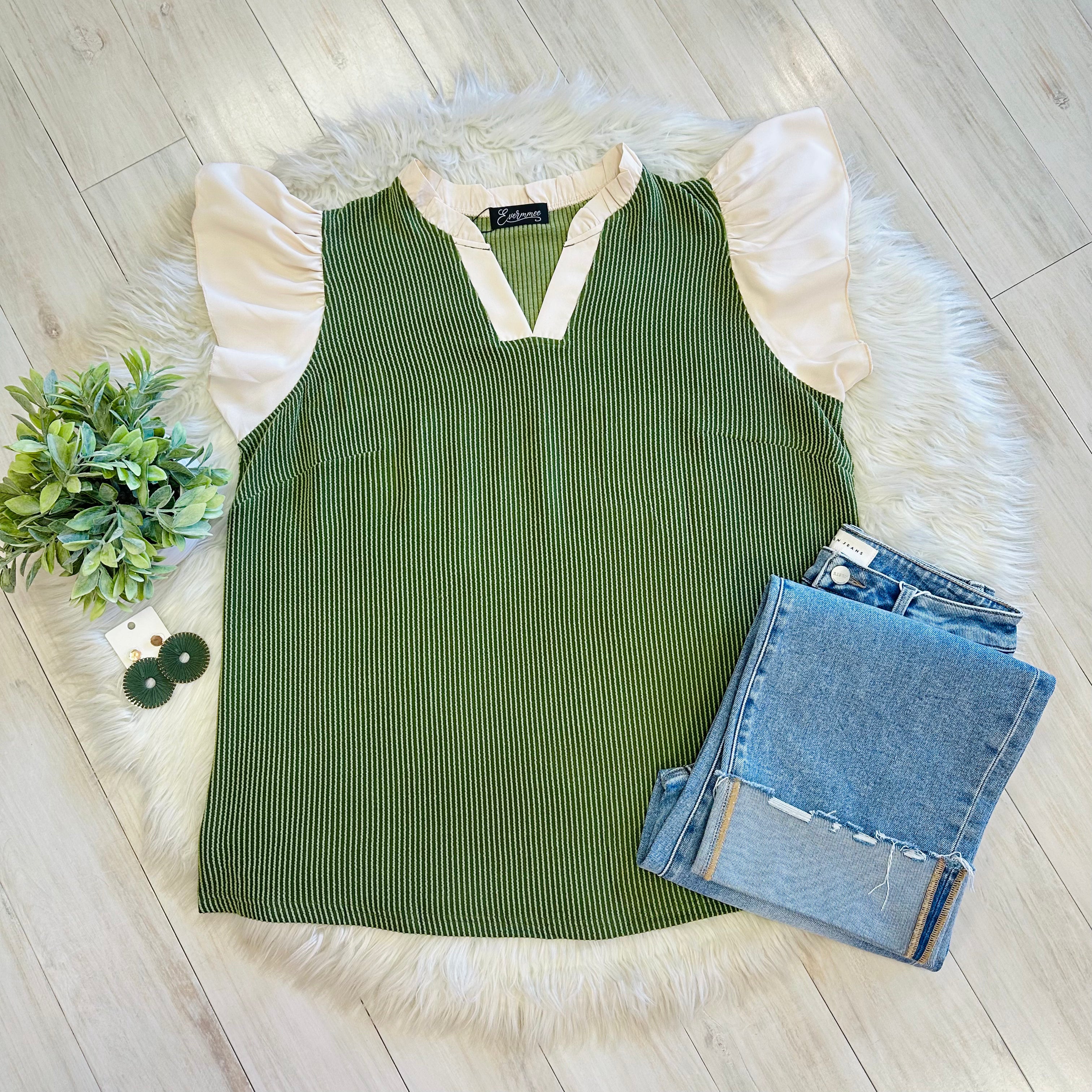 Women’s Evermmee Olive Green Ribbed Top with Flutter Sleeves