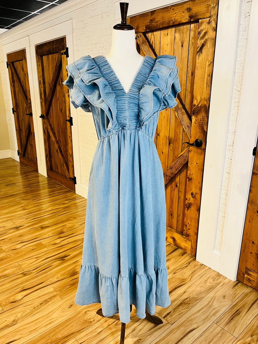 Women's Umgee Denim V-neck ruffle dress – Mini Mee