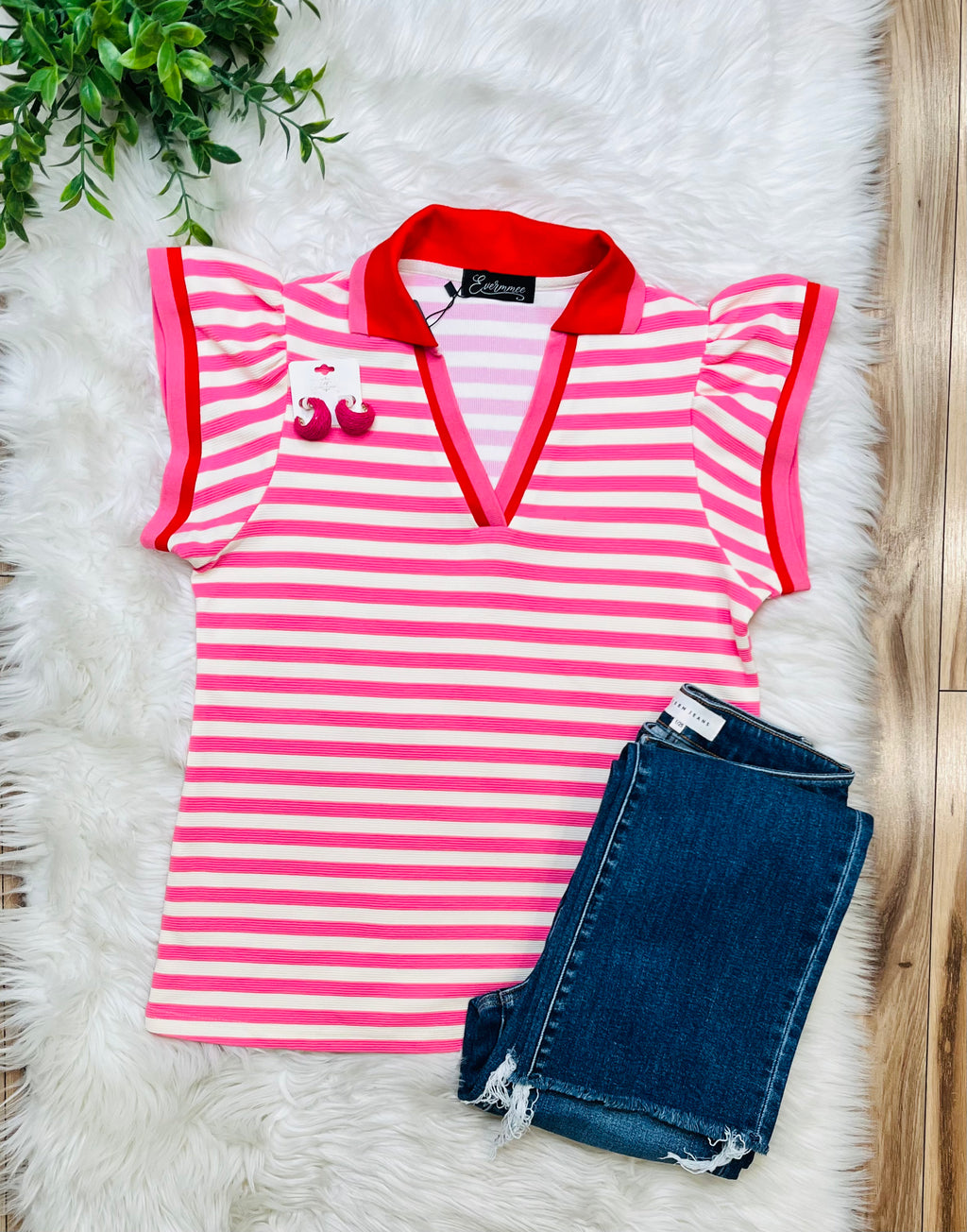 Women’s Evermmee Pink Stripe Flutter Sleeve Top