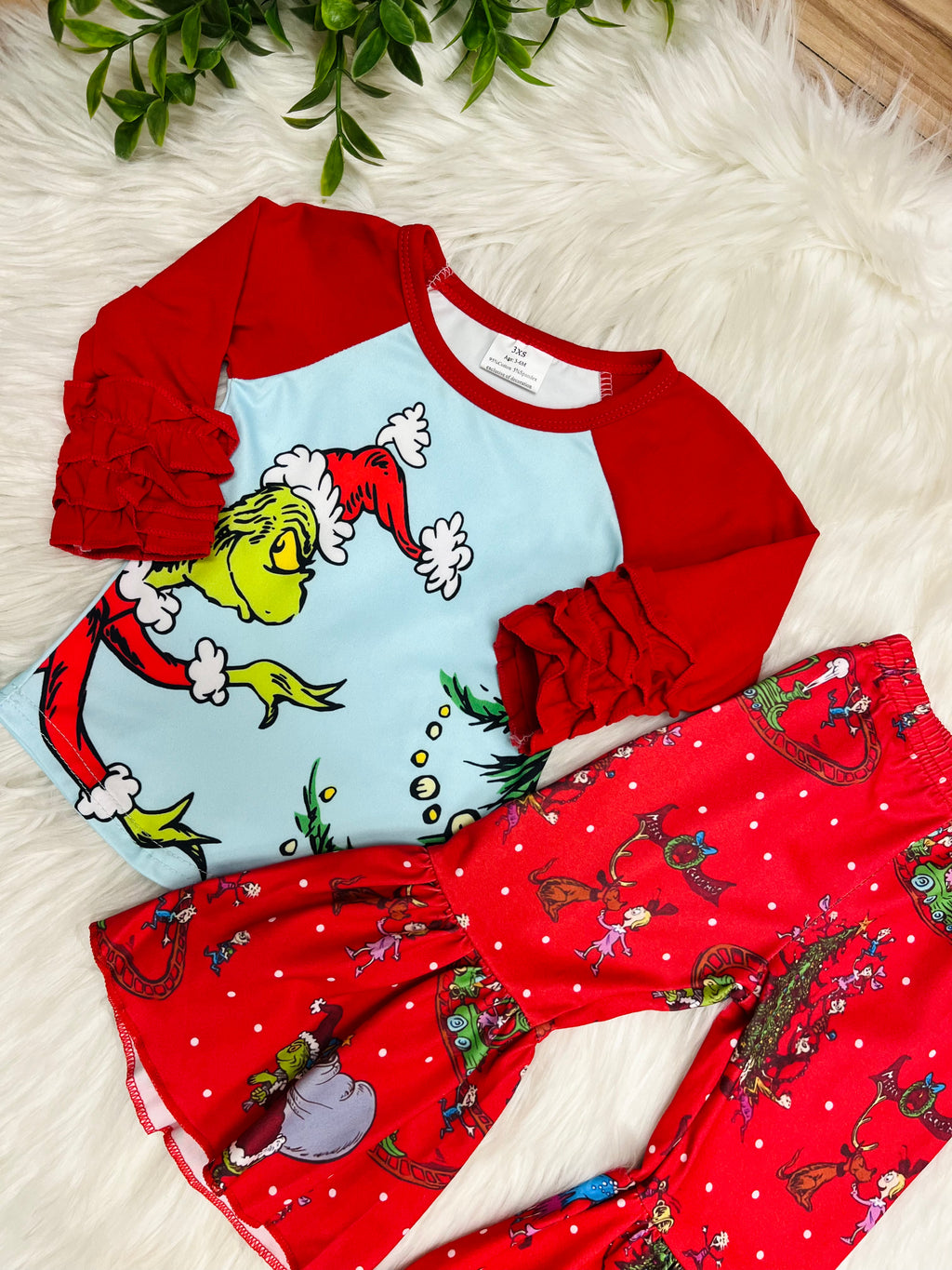 Girl’s Grinch Flare Pant Outfit with Ruffles
