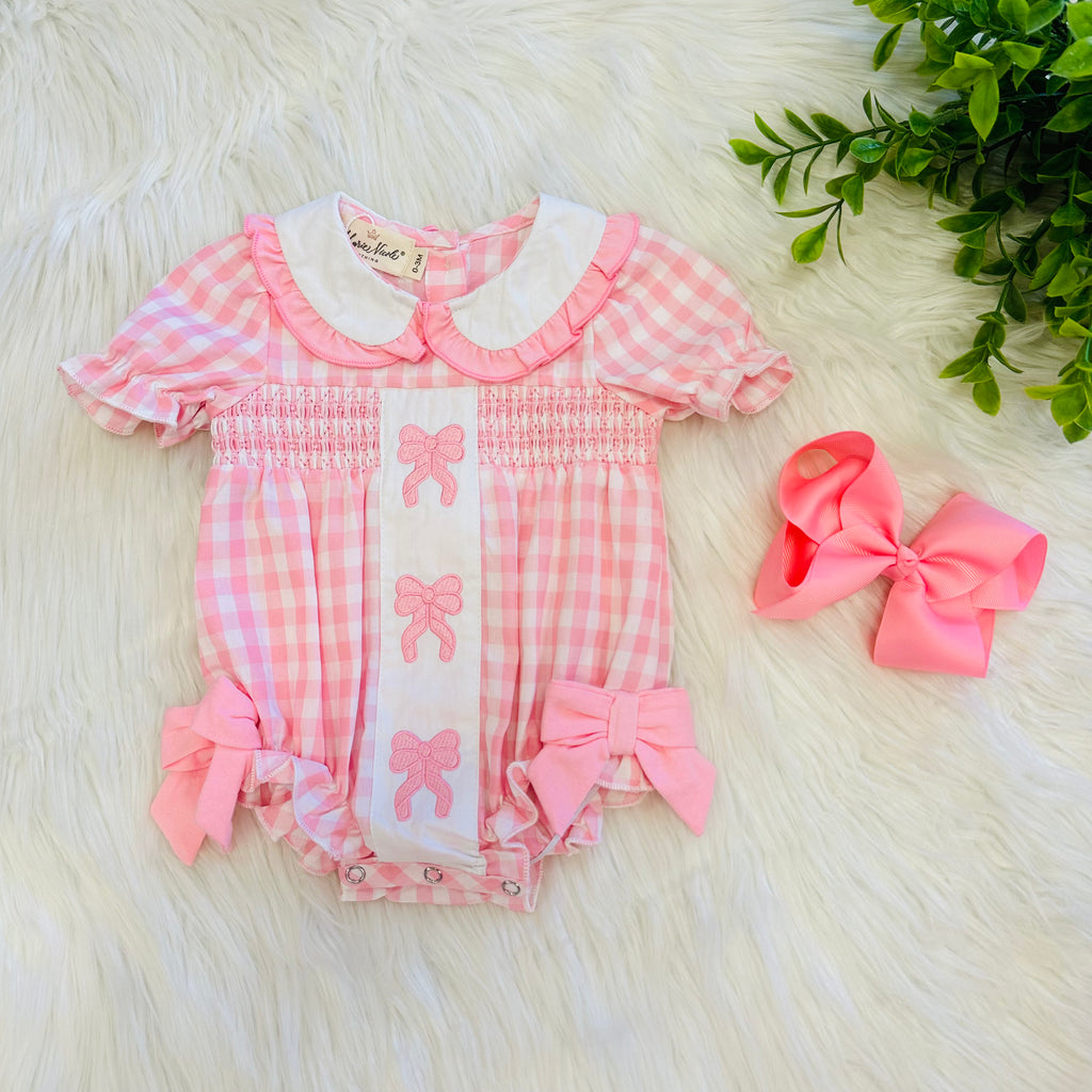 Girl’s Pretty Bows Pink Gingham Embroidered Romper