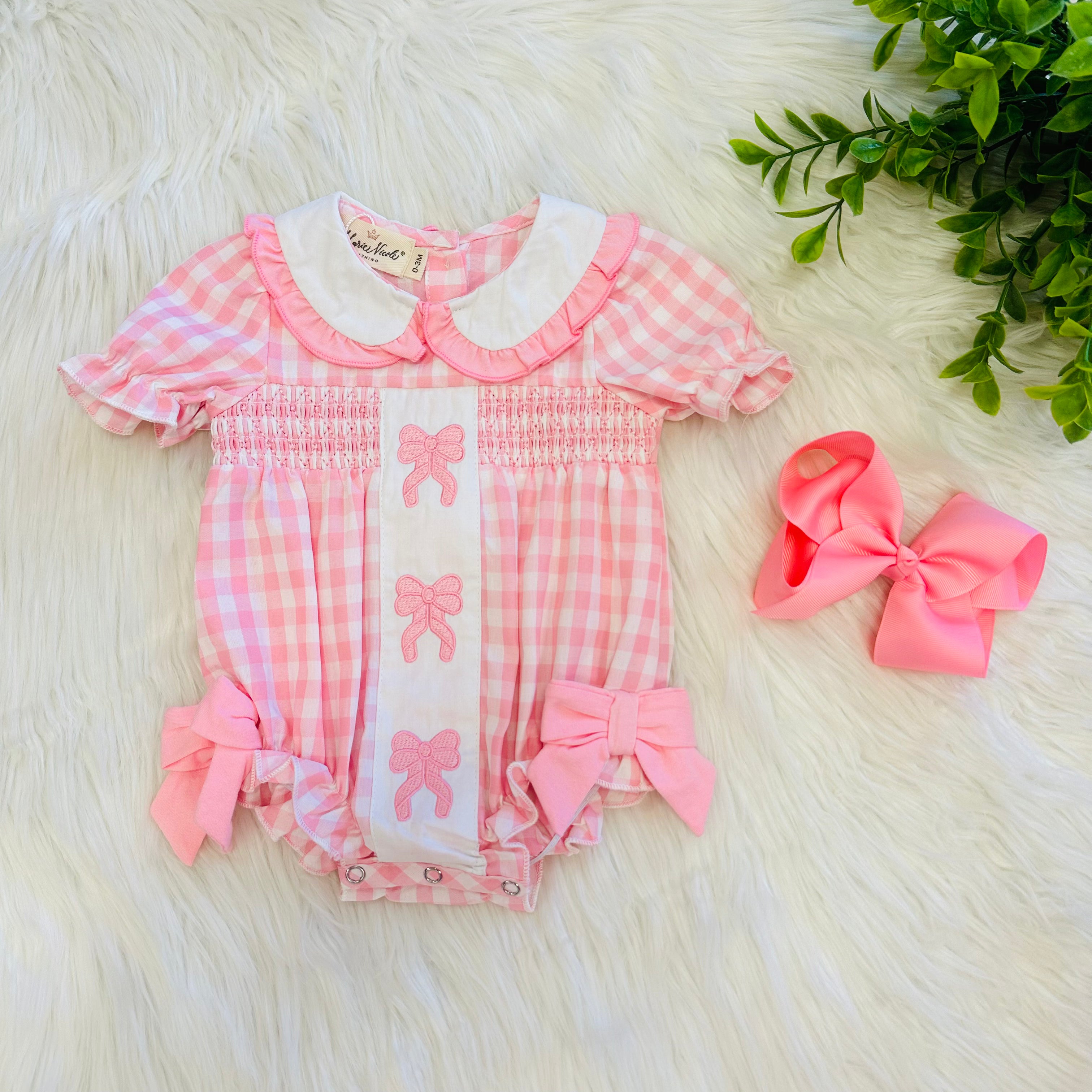 Girl’s Pretty Bows Pink Gingham Embroidered Romper