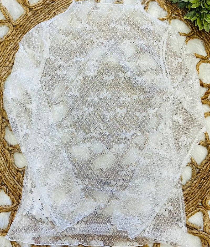 Sewn + Seen White Bow Print Long Sleeve Lace Top