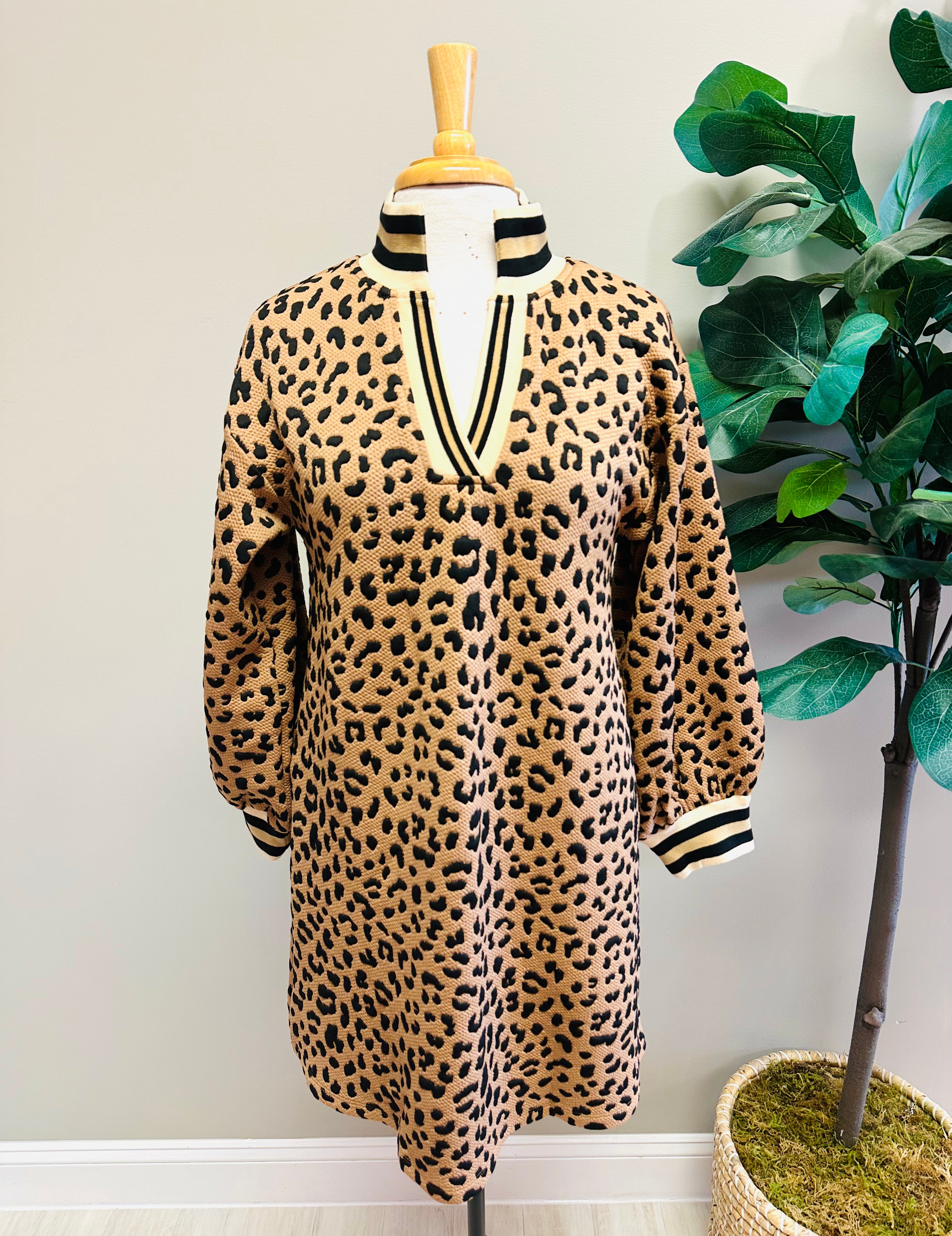 Women’s Leopard Print Long Sleeve V Neck Dress by Jodifl- True to Size