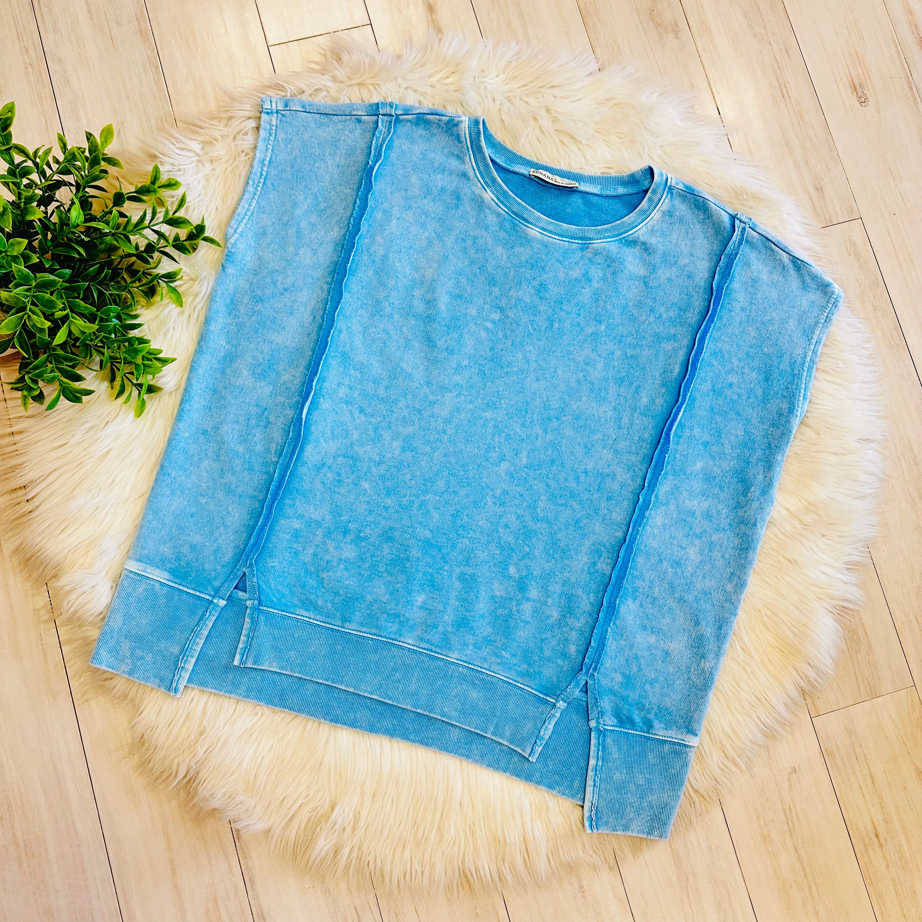 Women’s Sky Blue Zenana Sleeveless Acid Wash Top with Slits