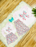 Girl’s Light Pink & Teal Floral Bow Long Sleeve Skirt Outfit