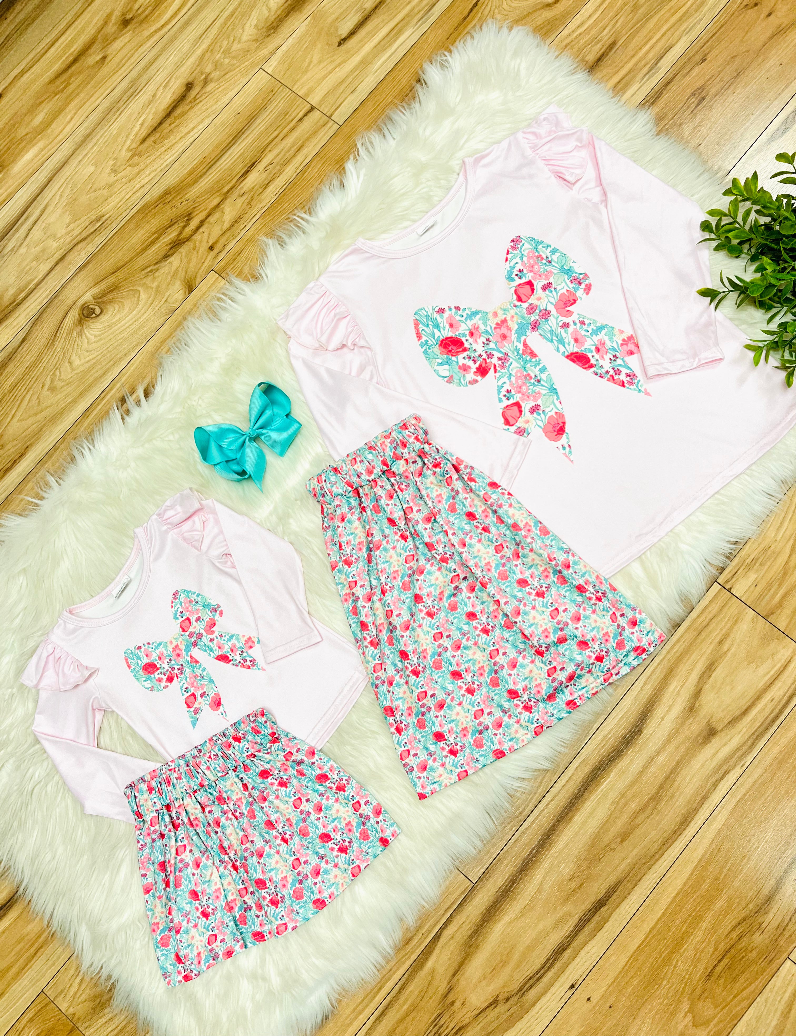 Girl’s Light Pink & Teal Floral Bow Long Sleeve Skirt Outfit