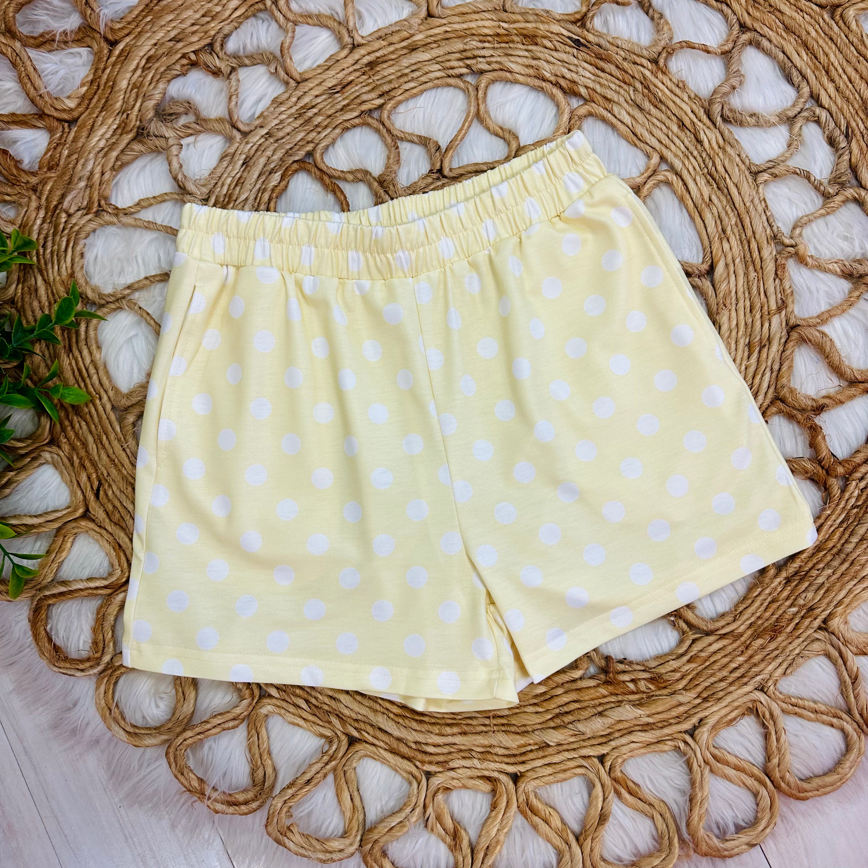 Women’s Yellow Short Set with White Polka Dots