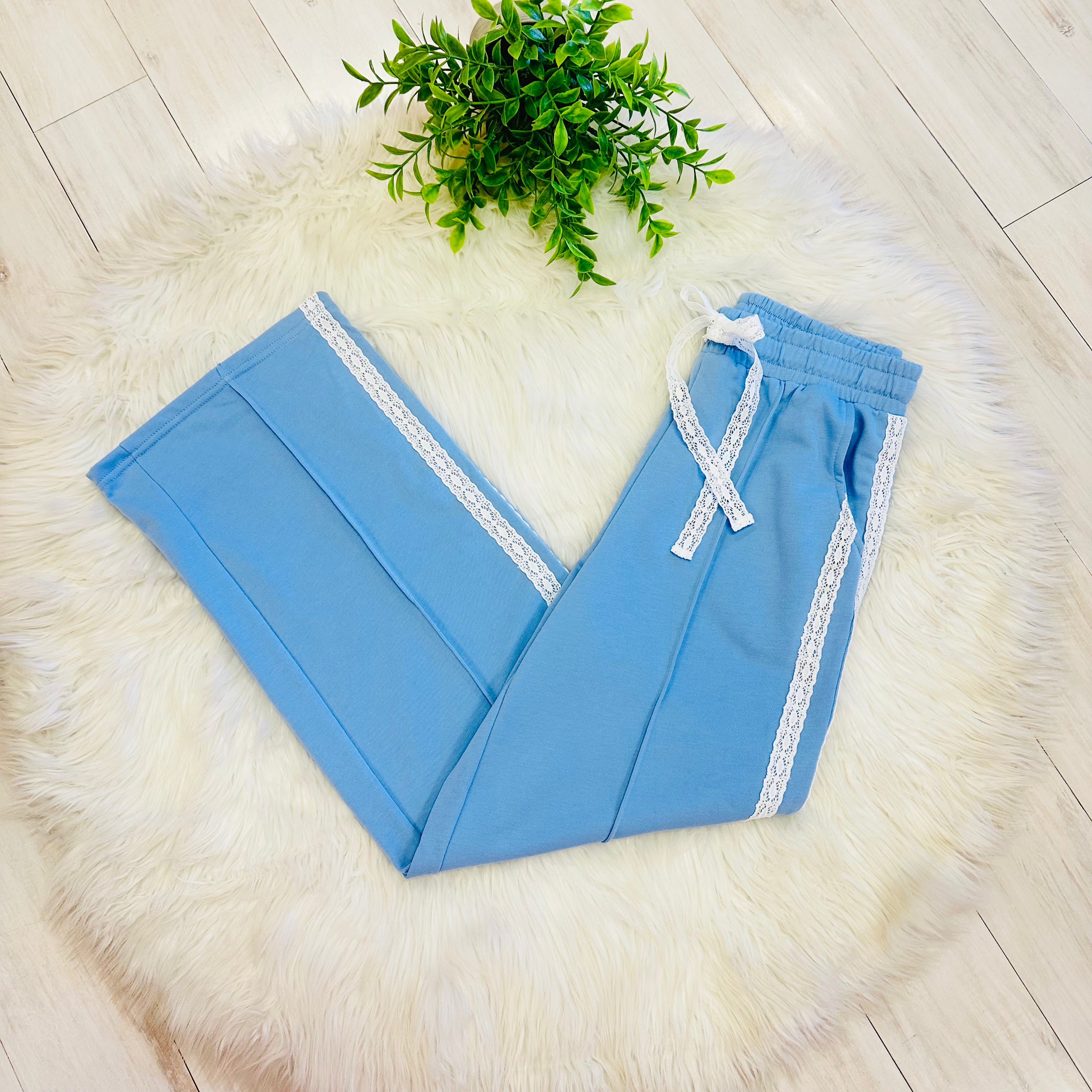 Women’s Blue Half Zip Pant Set with Lace Trim