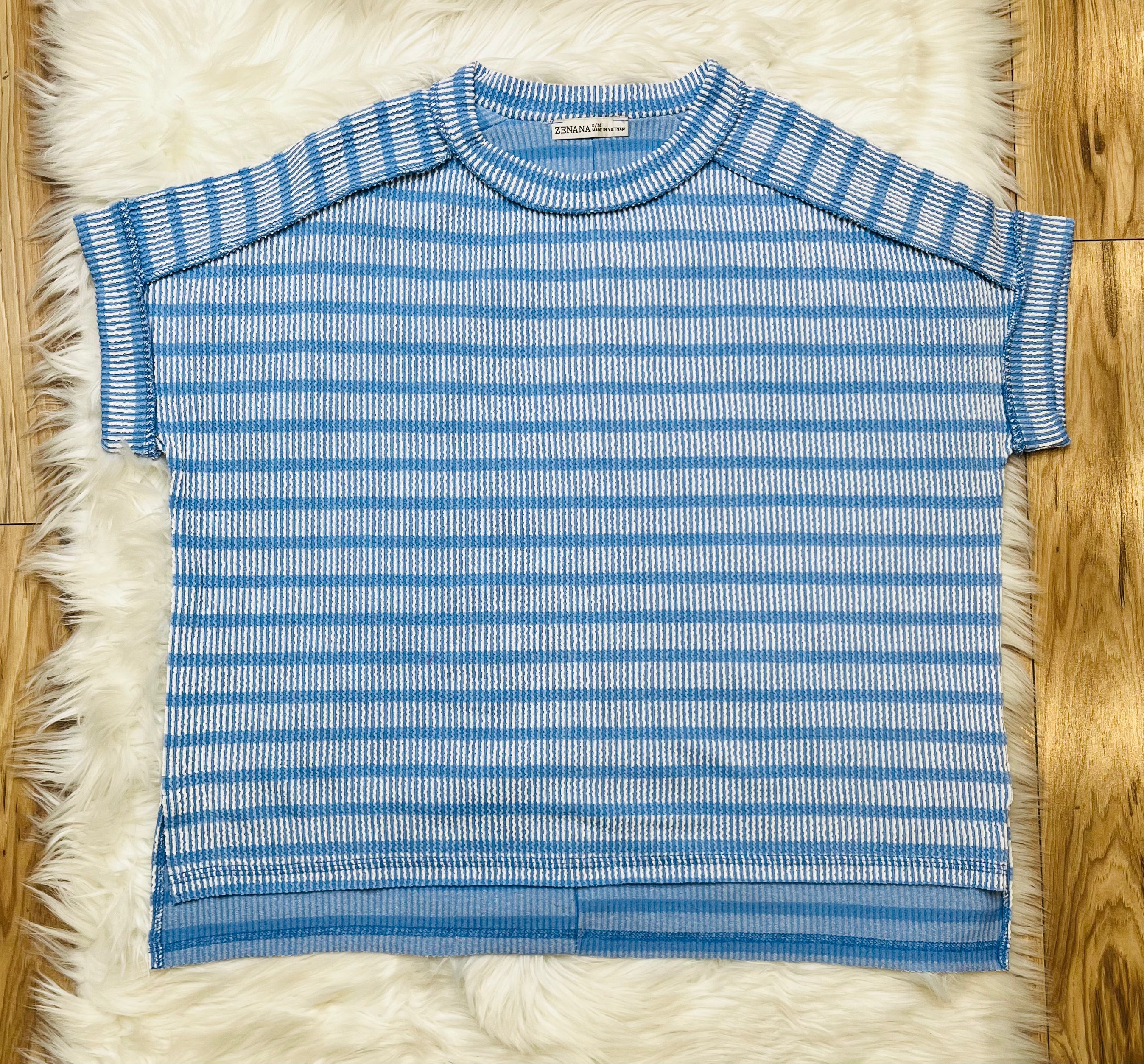 Women’s Zenana Cornflower Blue Ribbed Striped Top