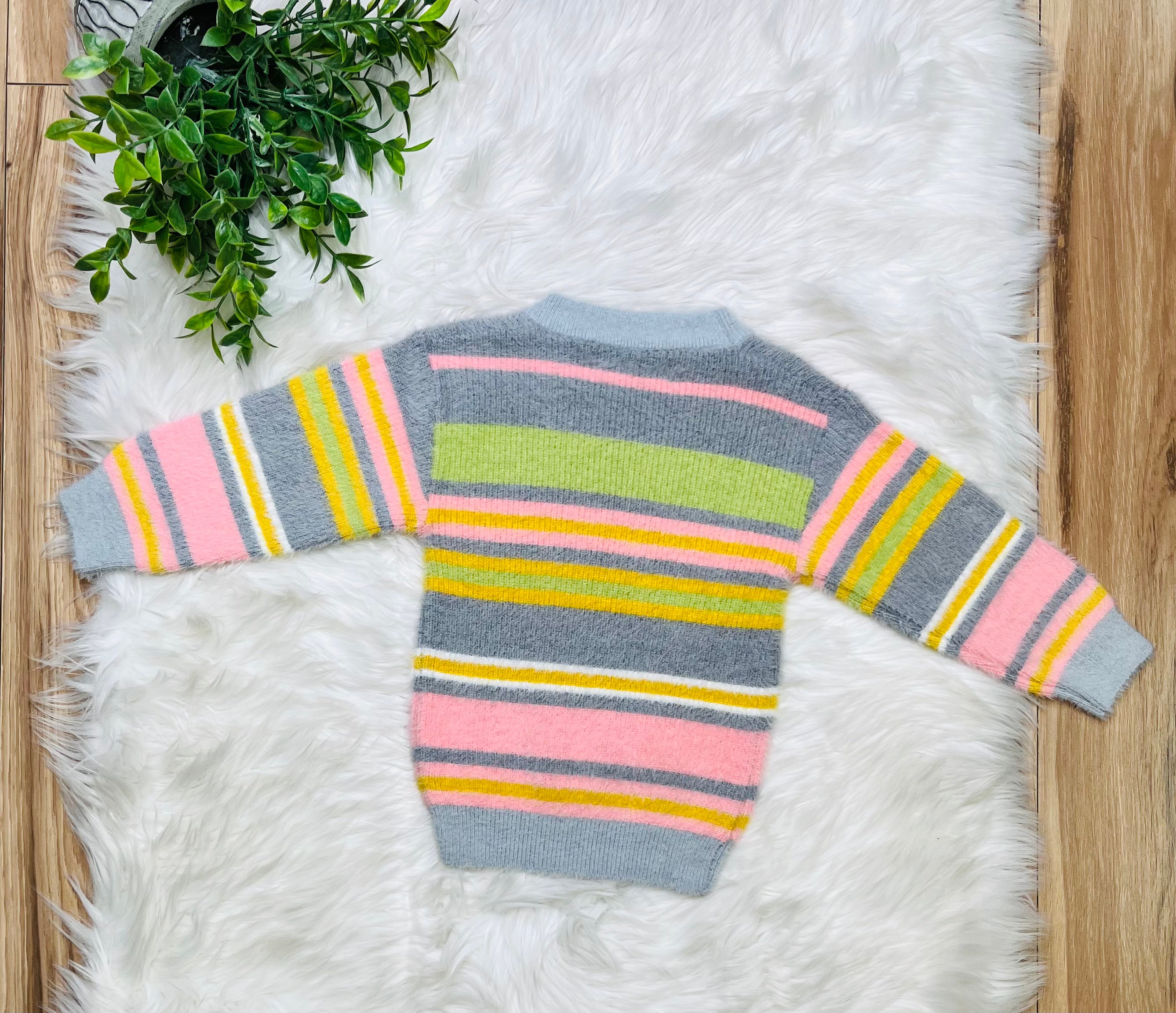 Girl’s Grey Multi Color Stripe Fuzzy Sweater Top