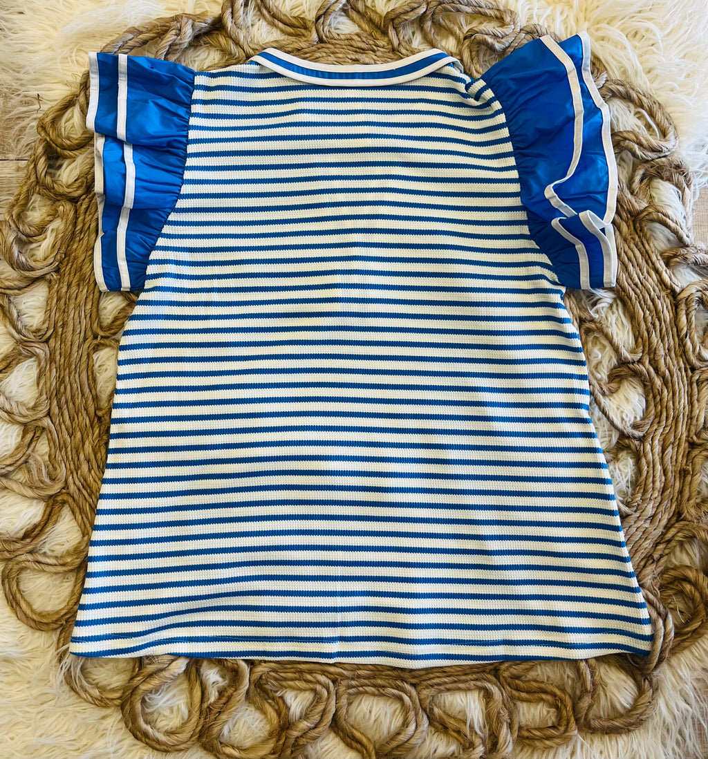 Women’s Blue Stripe Split Neck Ruffle Sleeve Top
