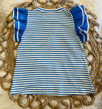 Women’s Blue Stripe Split Neck Ruffle Sleeve Top