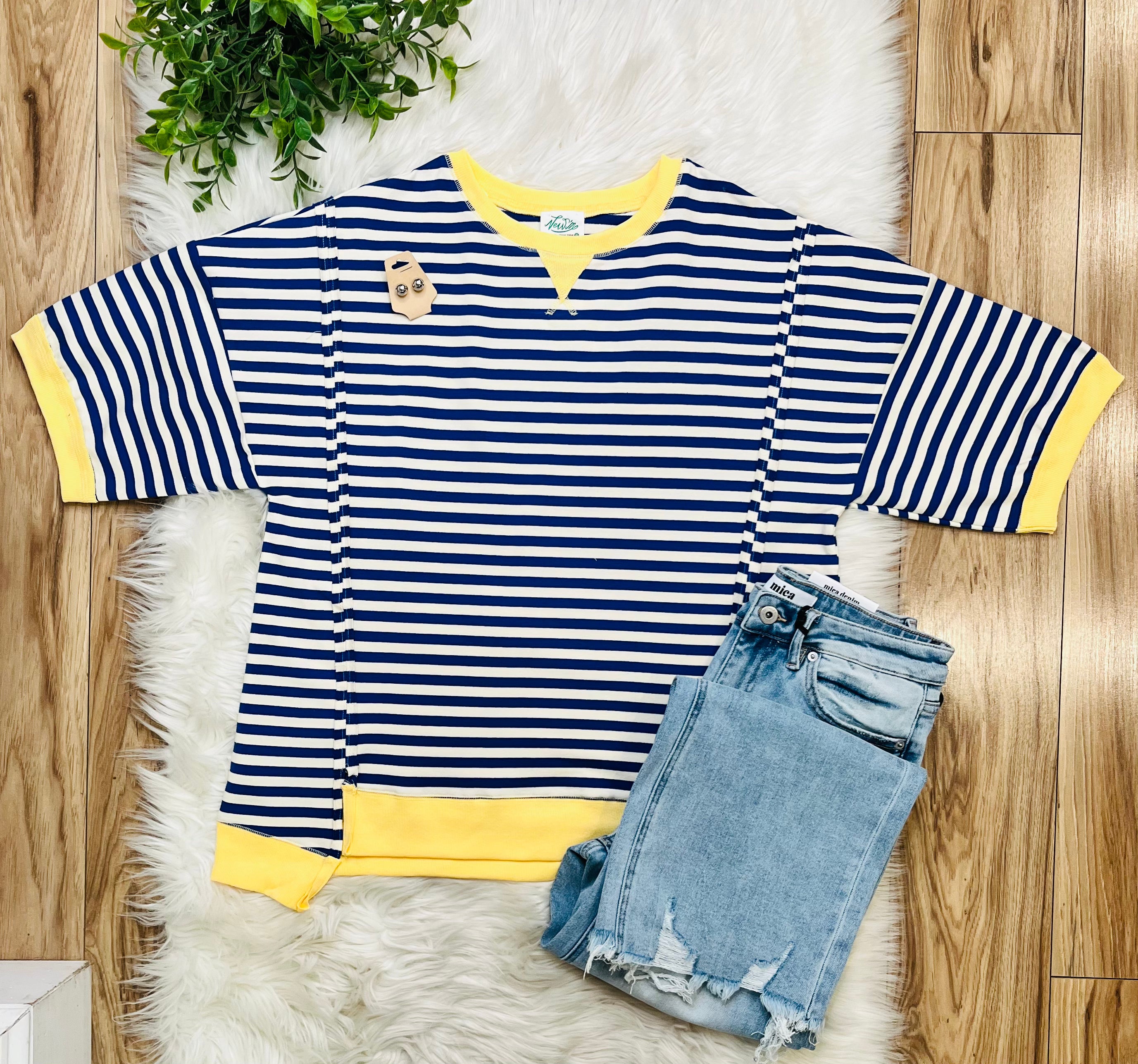 Women’s Very J Blue Stripe With Yellow Detail Top