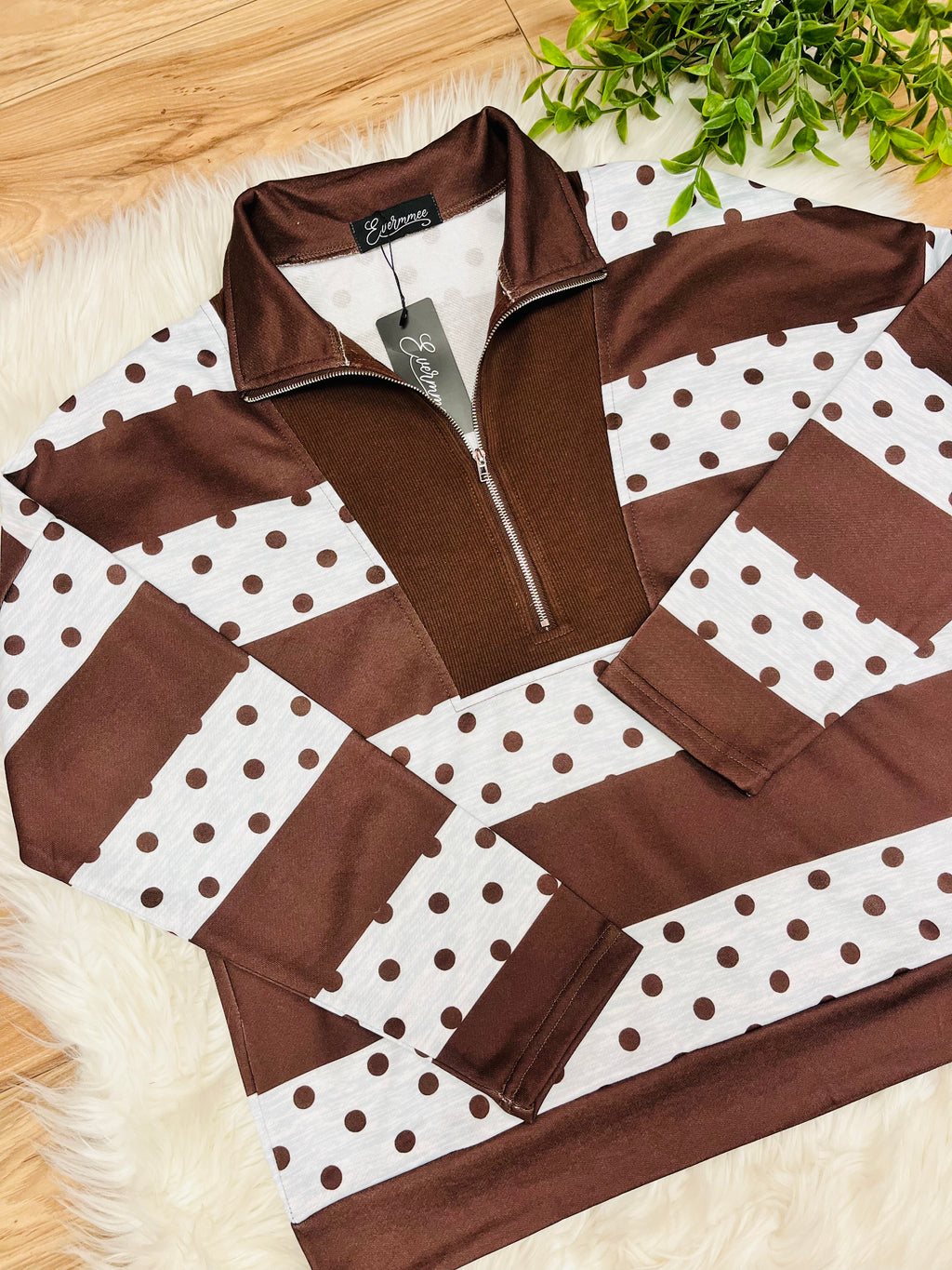 Women’s Brown Half Zip Stripe Top with Polka Dots- True to Size