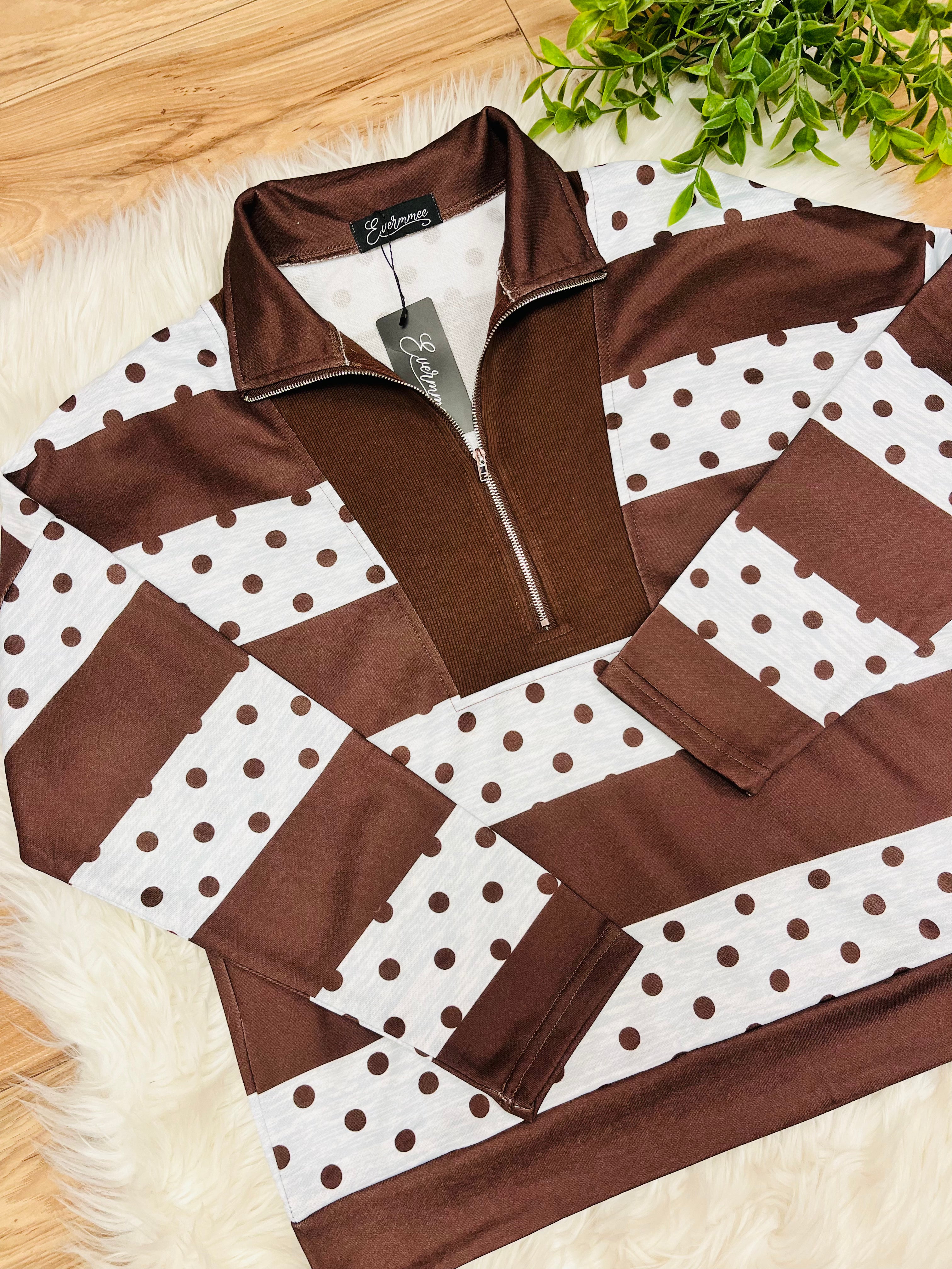 Women’s Brown Half Zip Stripe Top with Polka Dots- True to Size