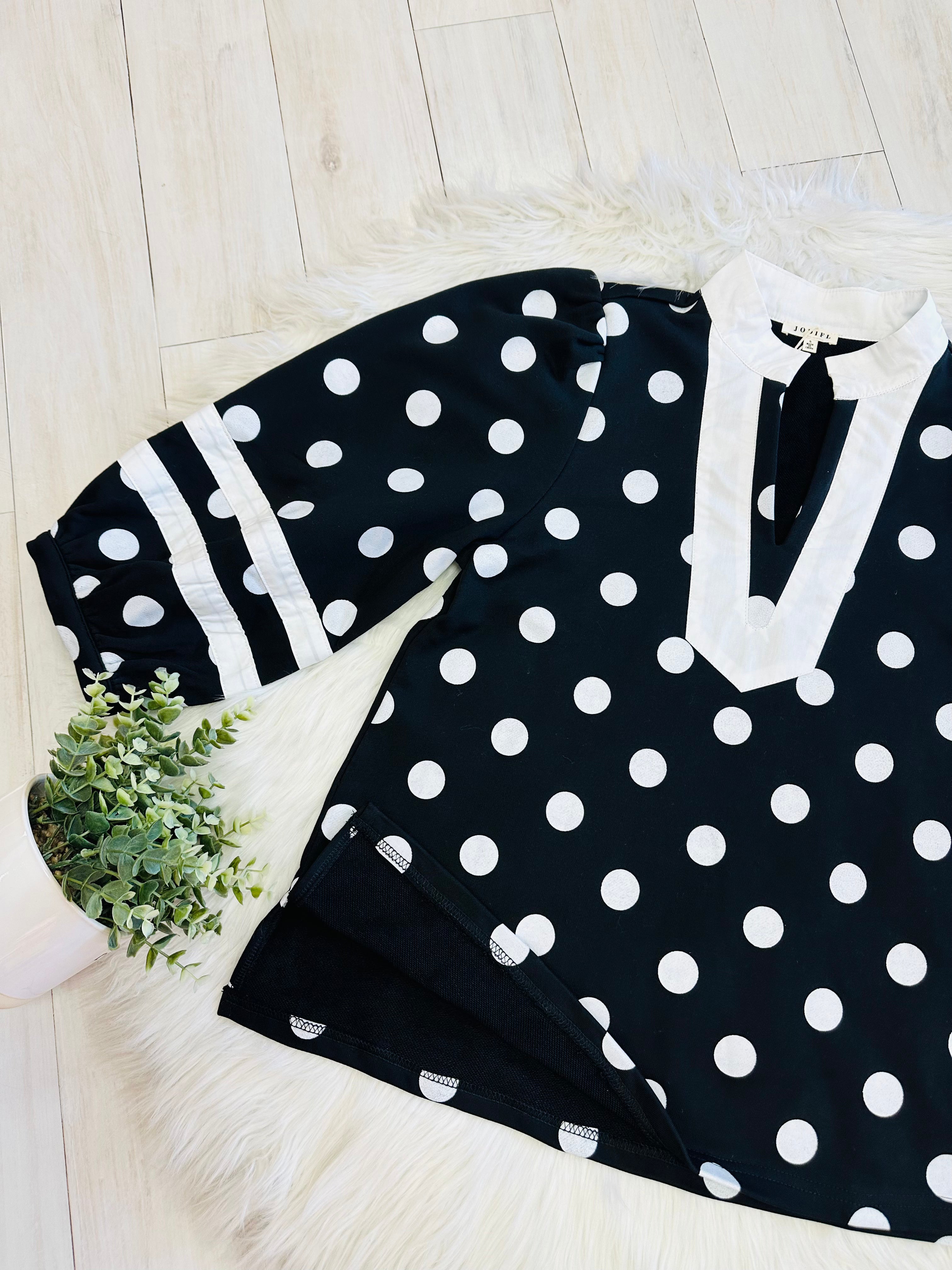Women’s Black V Neck Top with White Polka Dots by Jodifl- True to Size