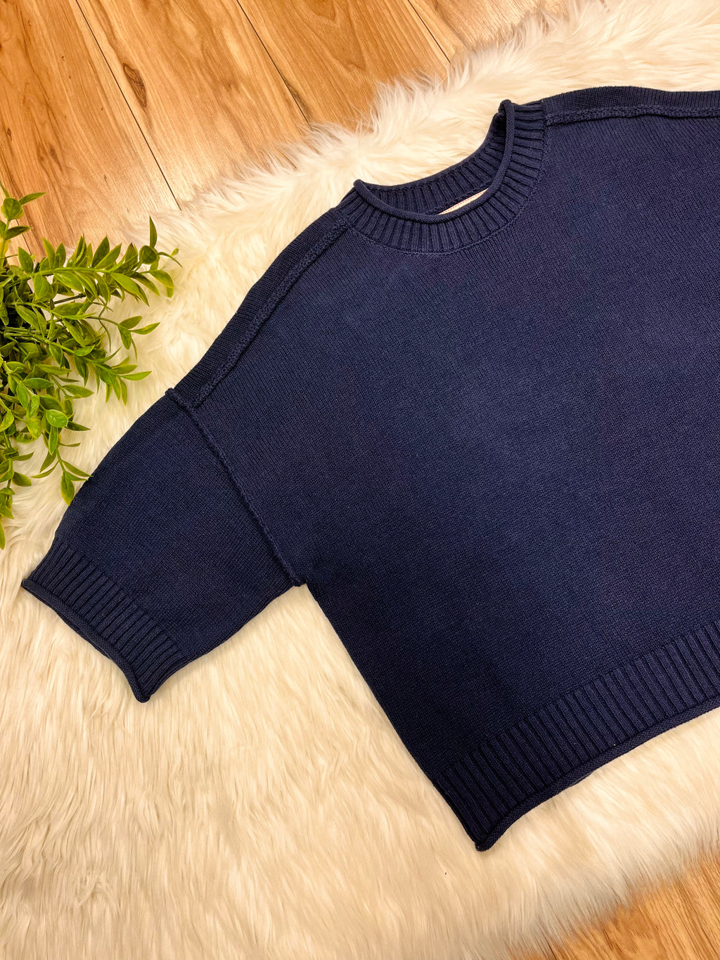 Women’s Navy Exposed Seam Drop Shoulder Sweater Top by Blu Pepper- True to Size