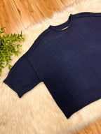 Women’s Navy Exposed Seam Drop Shoulder Sweater Top by Blu Pepper- True to Size