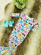 Girl’s Mixed Colored Bow Printed Knotted Gown with Matching Headband
