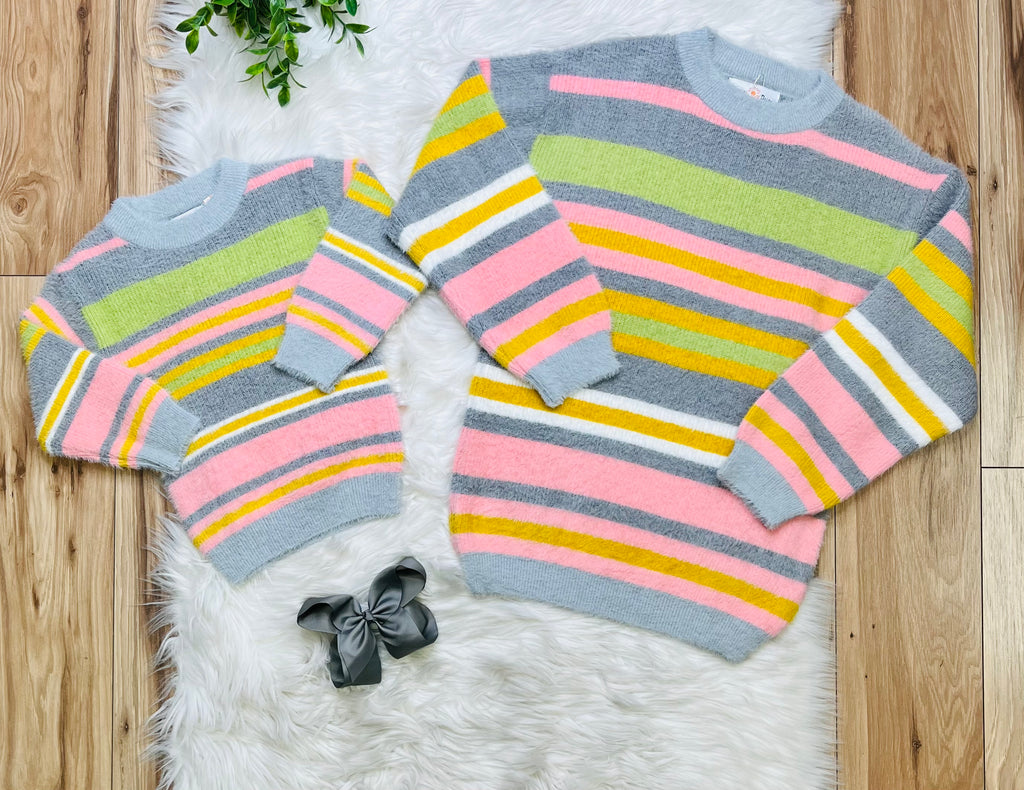 Girl’s Grey Multi Color Stripe Fuzzy Sweater Top